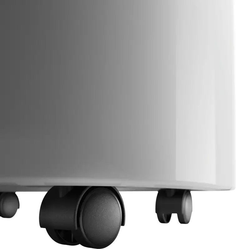 Detailansicht der vier 360-Grad-Laufrollen an der Geräteunterseite für Mobilität.