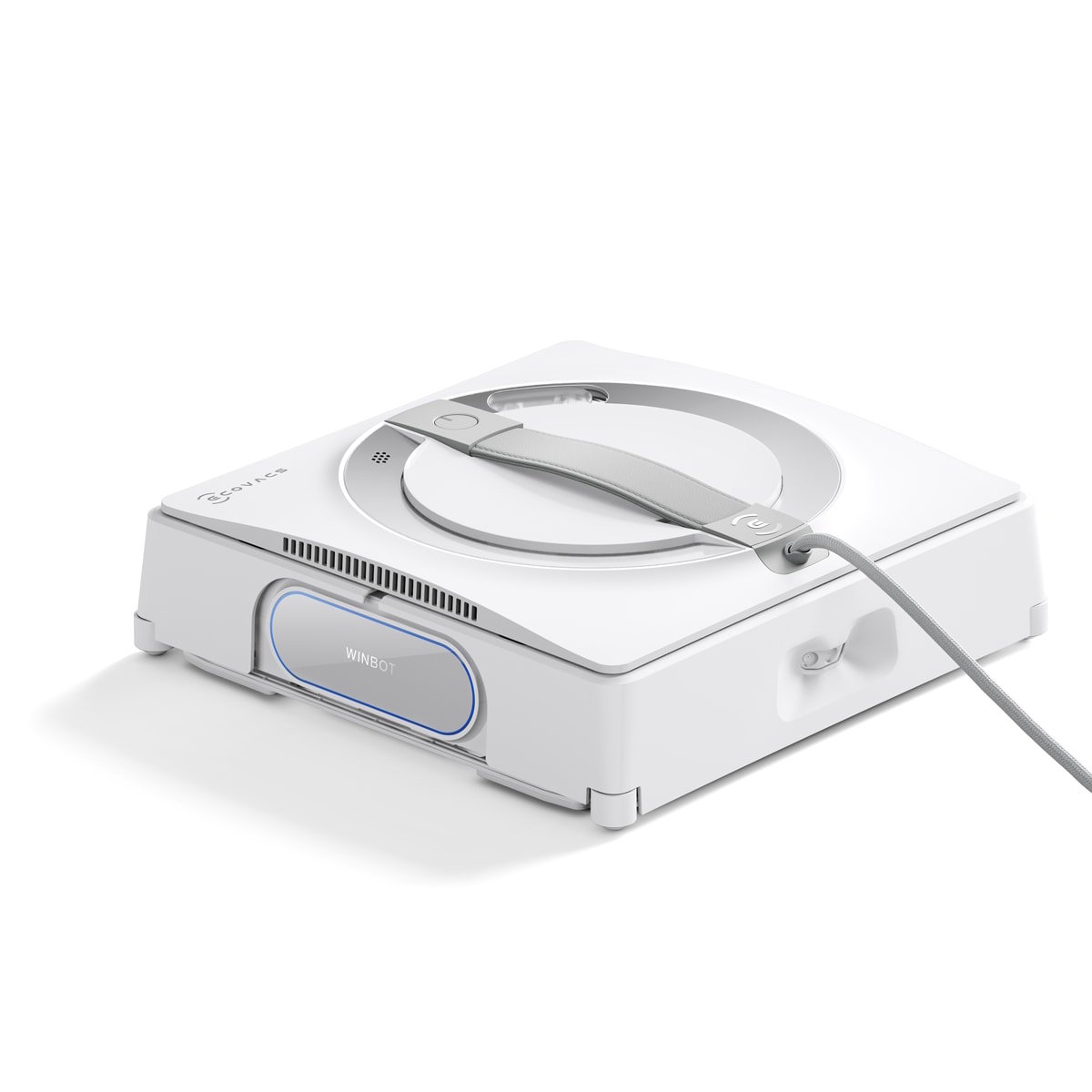 Ecovacs WINBOT W2 PRO WG852 window cleaning robot autonomously cleaning a window pane with attached safety rope