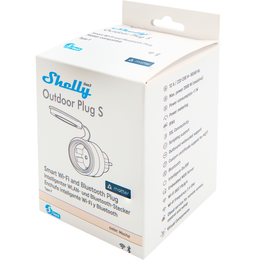 Shelly Outdoor Plug S Gen3 Smart-Steckdose | Matter-zertifiziert | IP44 wetterfest | Energiemessung | WLAN-Repeater & BLE-Gateway | Mokka