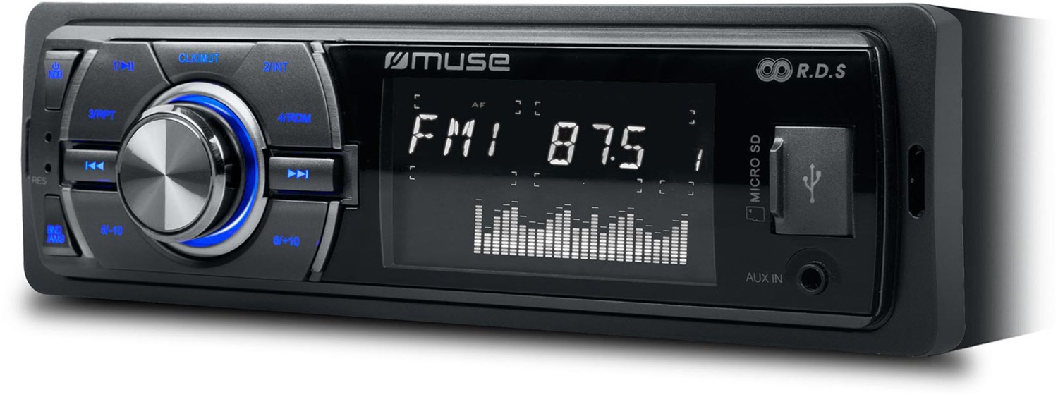Muse M-092mr Autoradio, Frontansicht, schwarzes Design mit Display und Bedienelementen. Muse M-092mr Autoradio, Frontansicht, schwarzes Design mit Display und Bedienelementen.