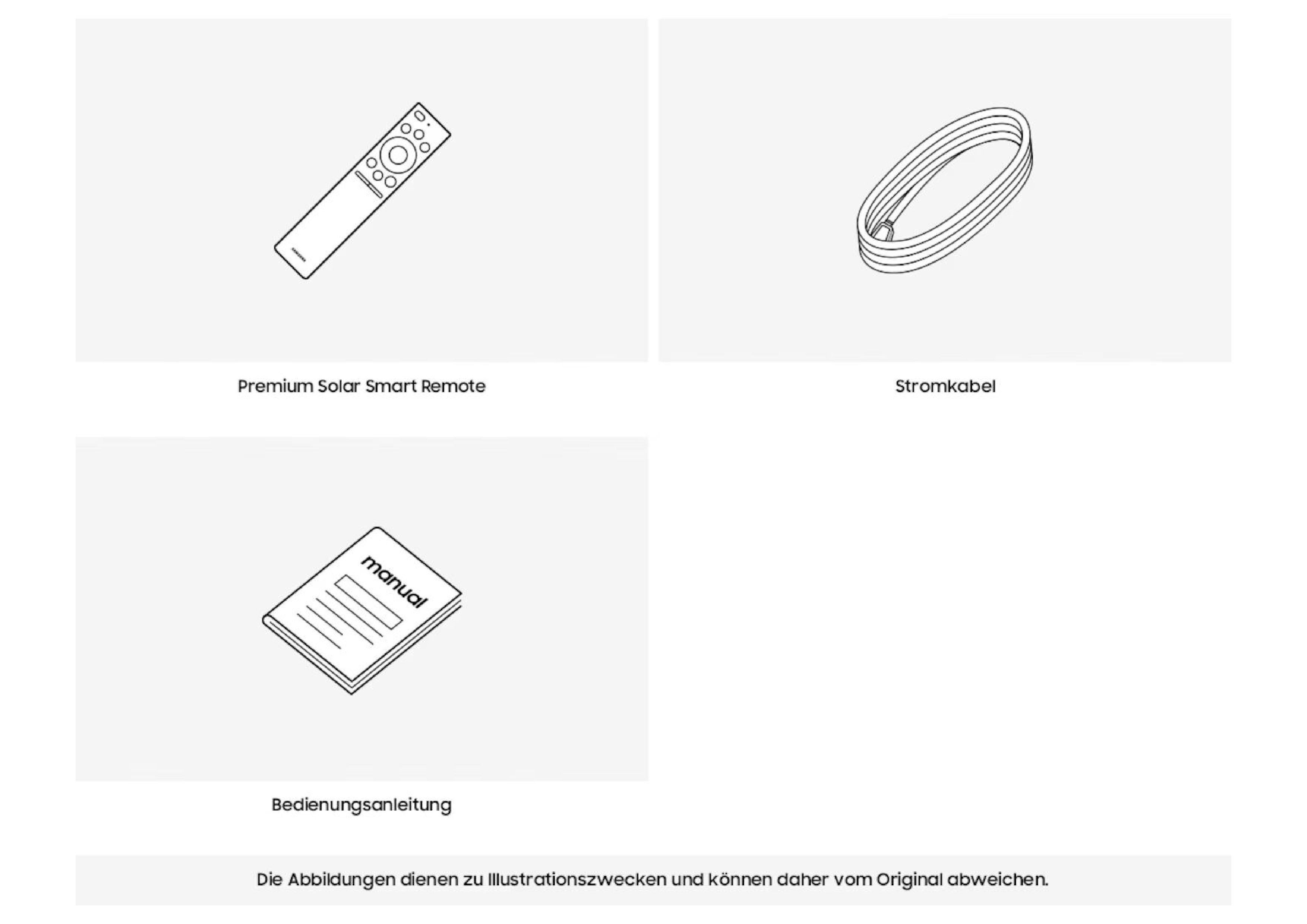 Illustration of included accessories: Solar Smart Remote, power cable, and manual.