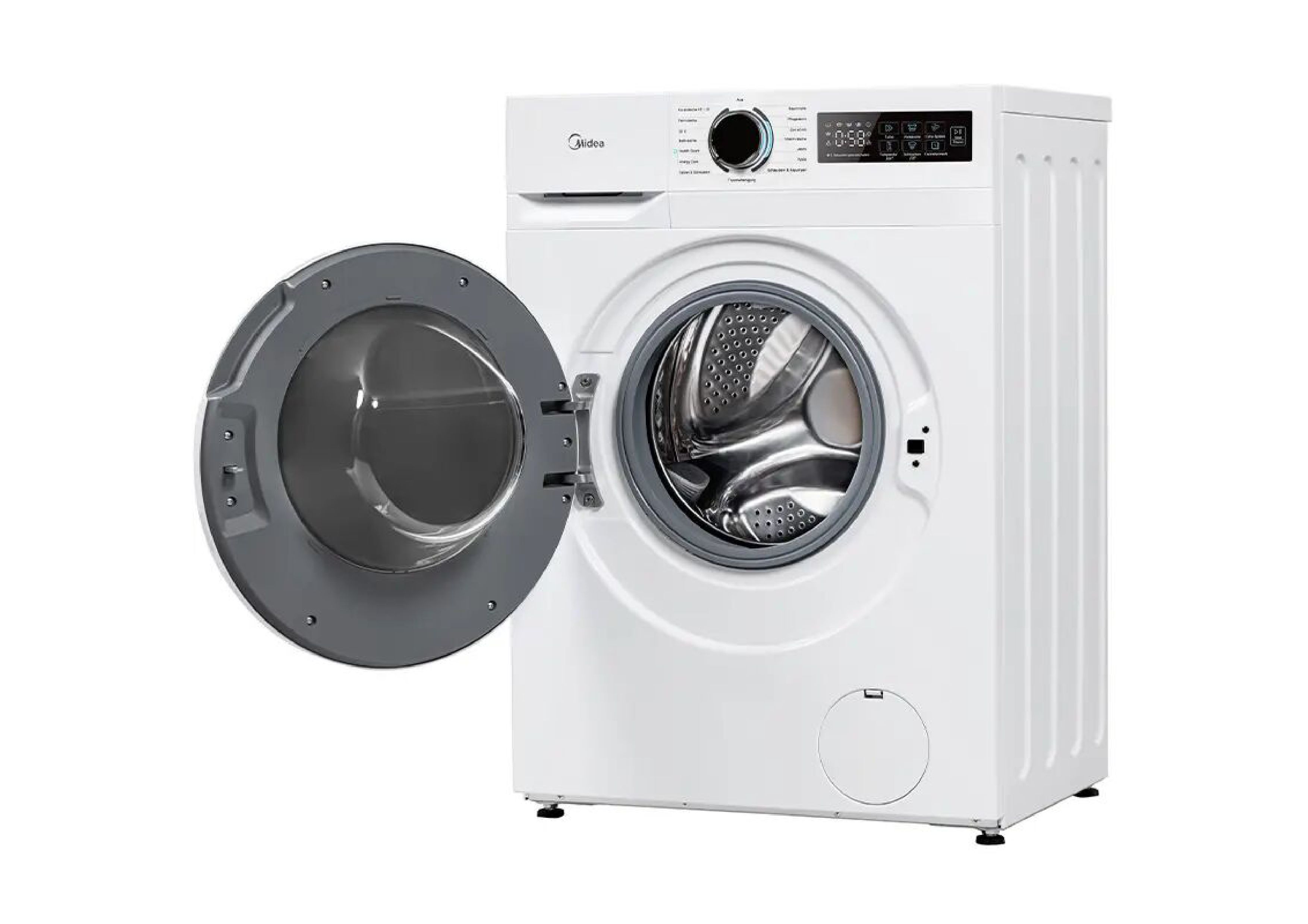 Perspektivische Seitenansicht der Midea MF110W70B-14A10 mit offener Bullaugentür