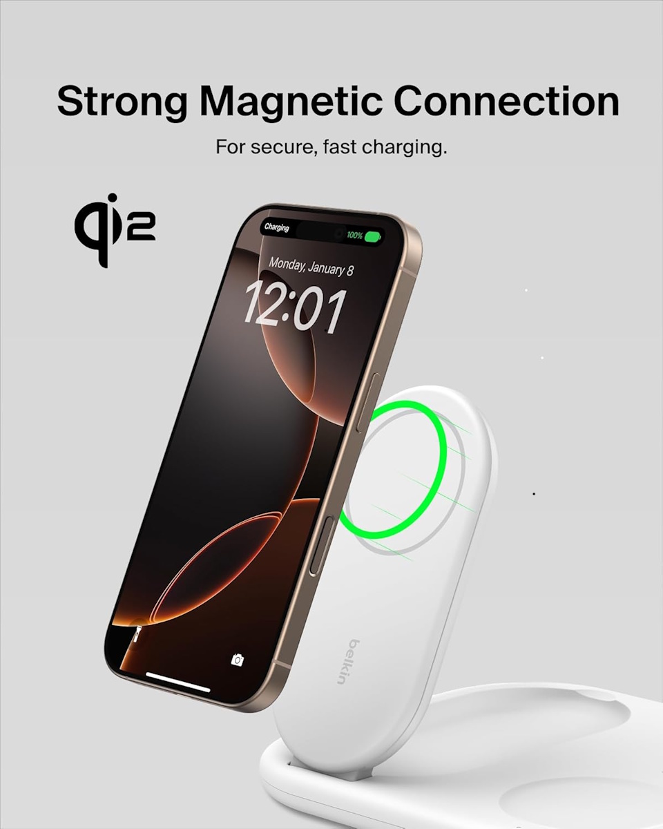 Belkin BoostCharge Pro 3-in-1 Qi2 magnetic wireless charging station for iPhone, Apple Watch and AirPods – white