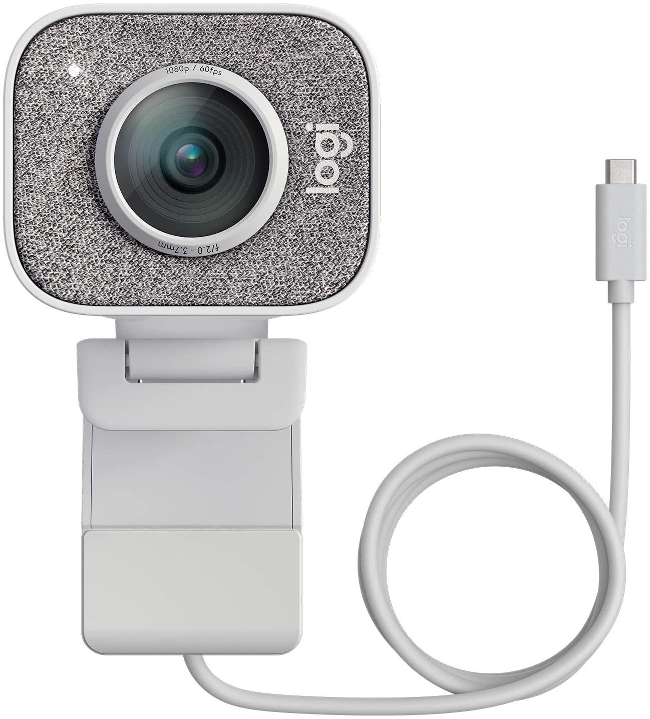Logitech StreamCam in Weiß, Frontansicht mit angeschlossenem USB-Kabel.