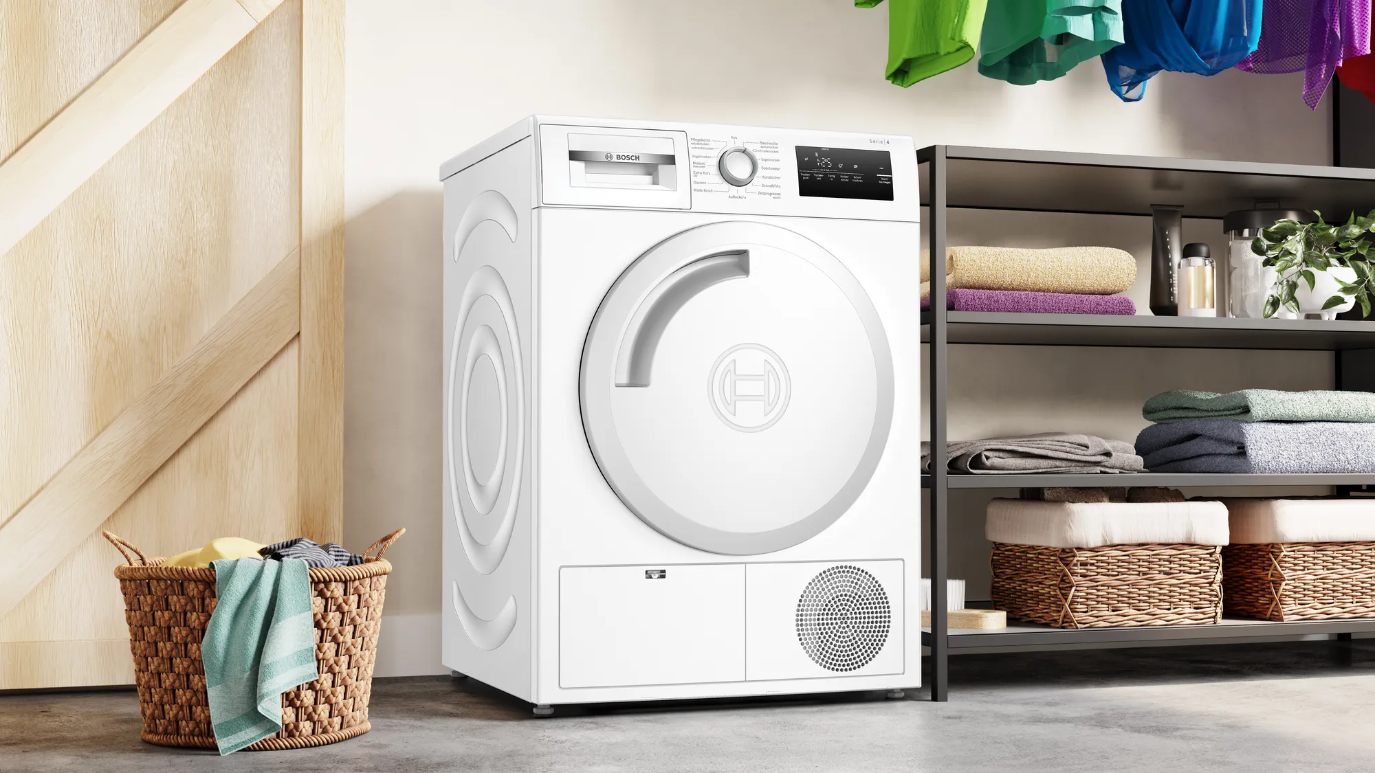 Das Display des Bosch WTH83V03 Trockners zeigt die Restzeit an