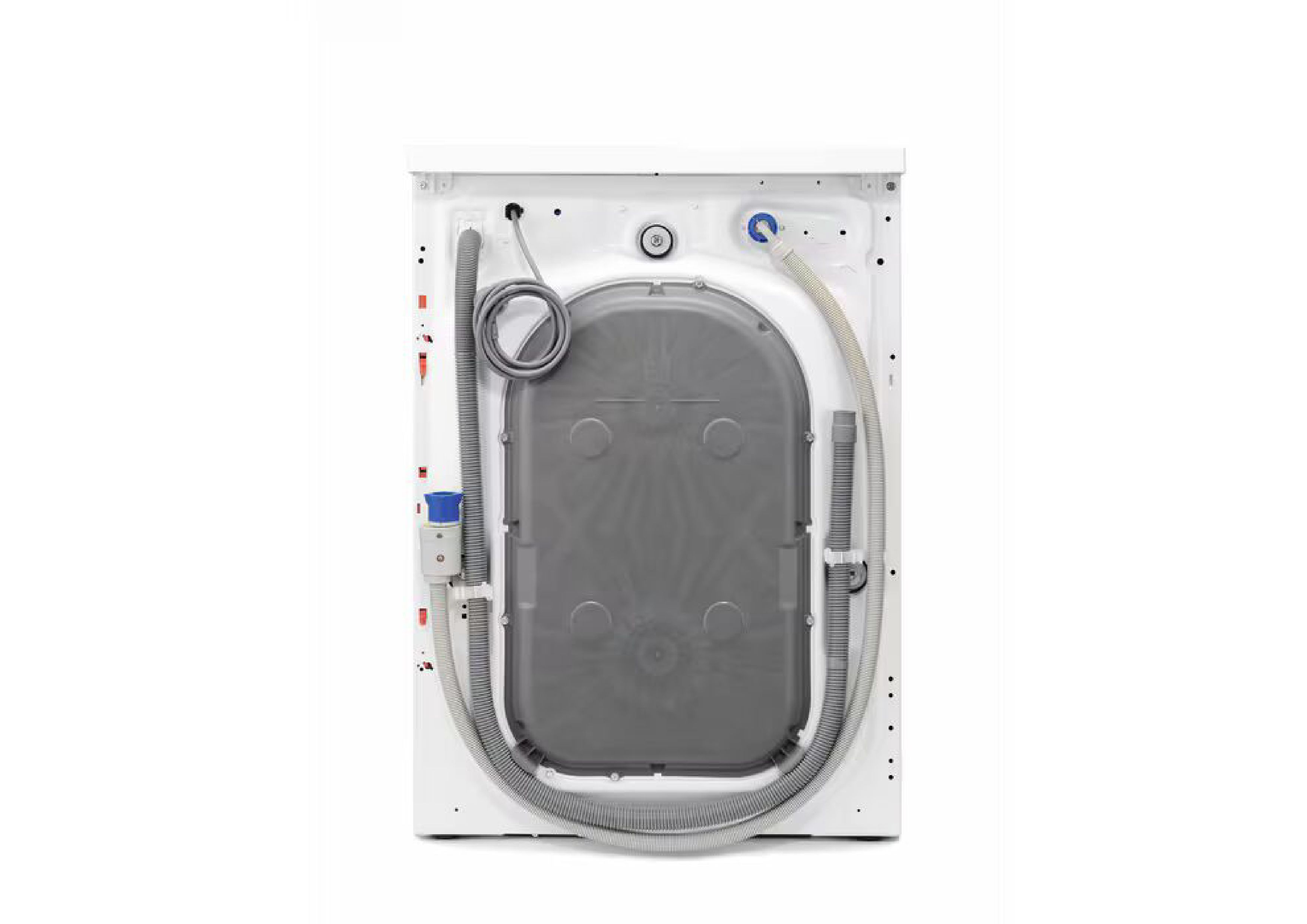 Rückansicht der AEG Waschmaschine mit Transportsicherung und Wasseranschlüssen