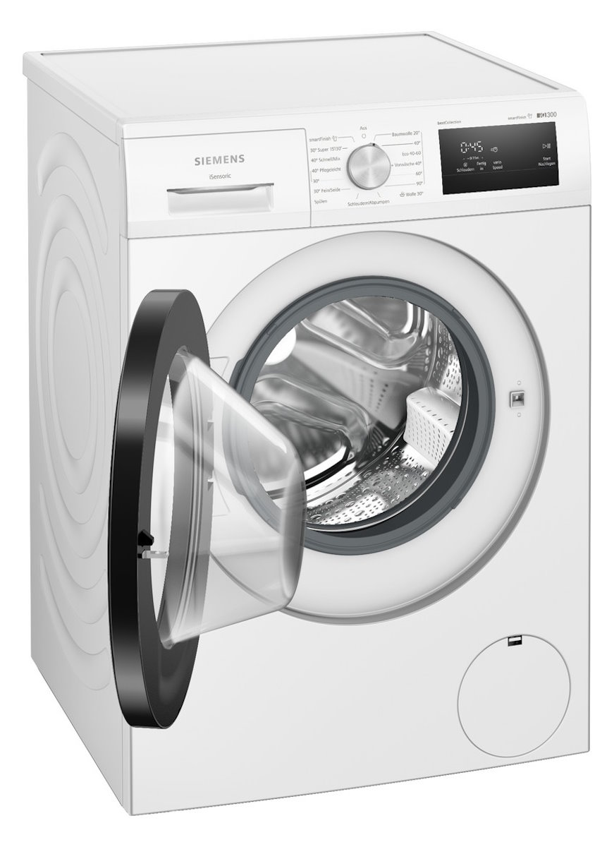 Vorderansicht der Siemens WM14N0G4 Waschmaschine mit geöffneter Tür und sichtbarer Trommelöffnung.