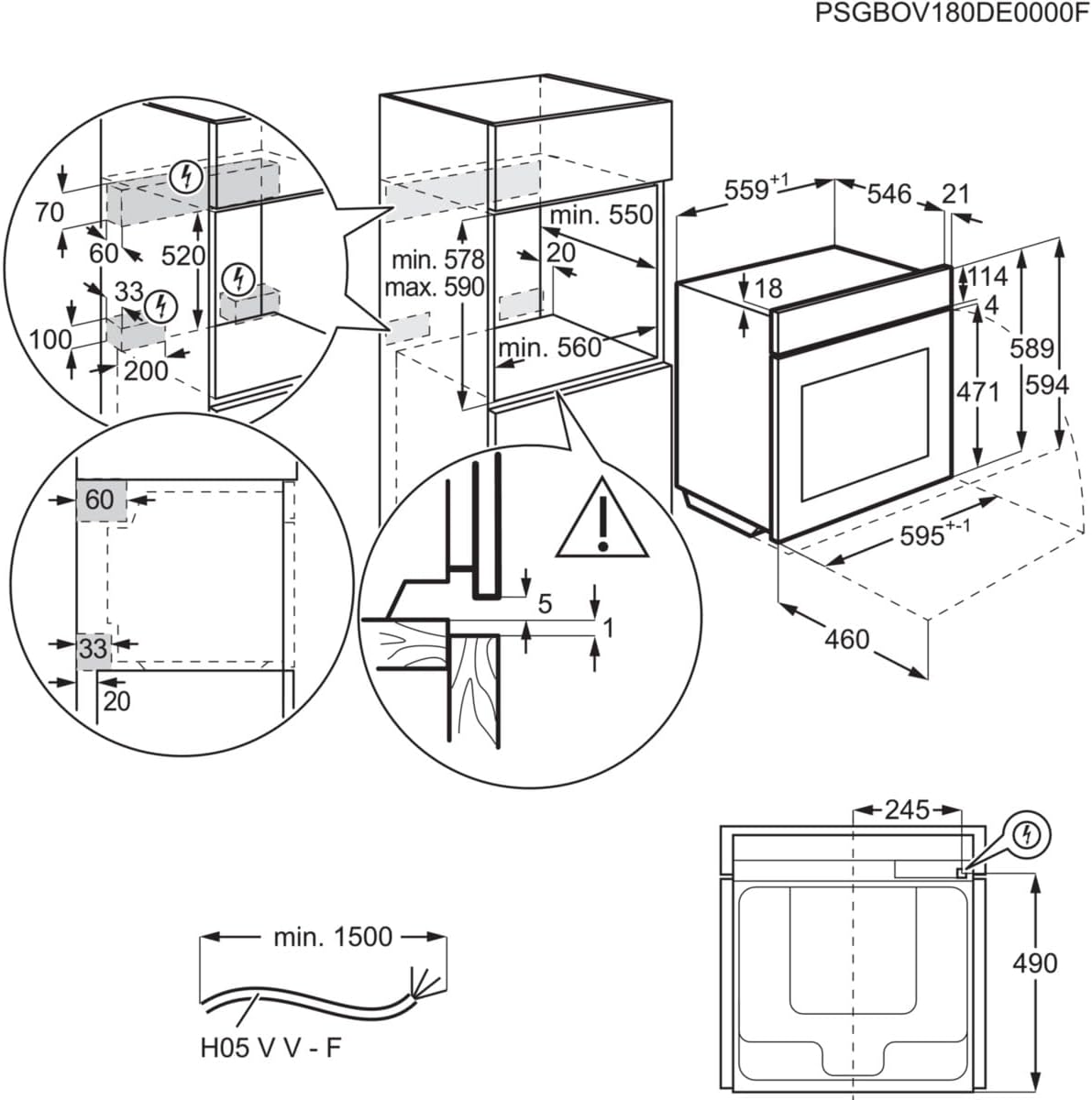 Technical dimensions for oven installation in a tall kitchen cabinet