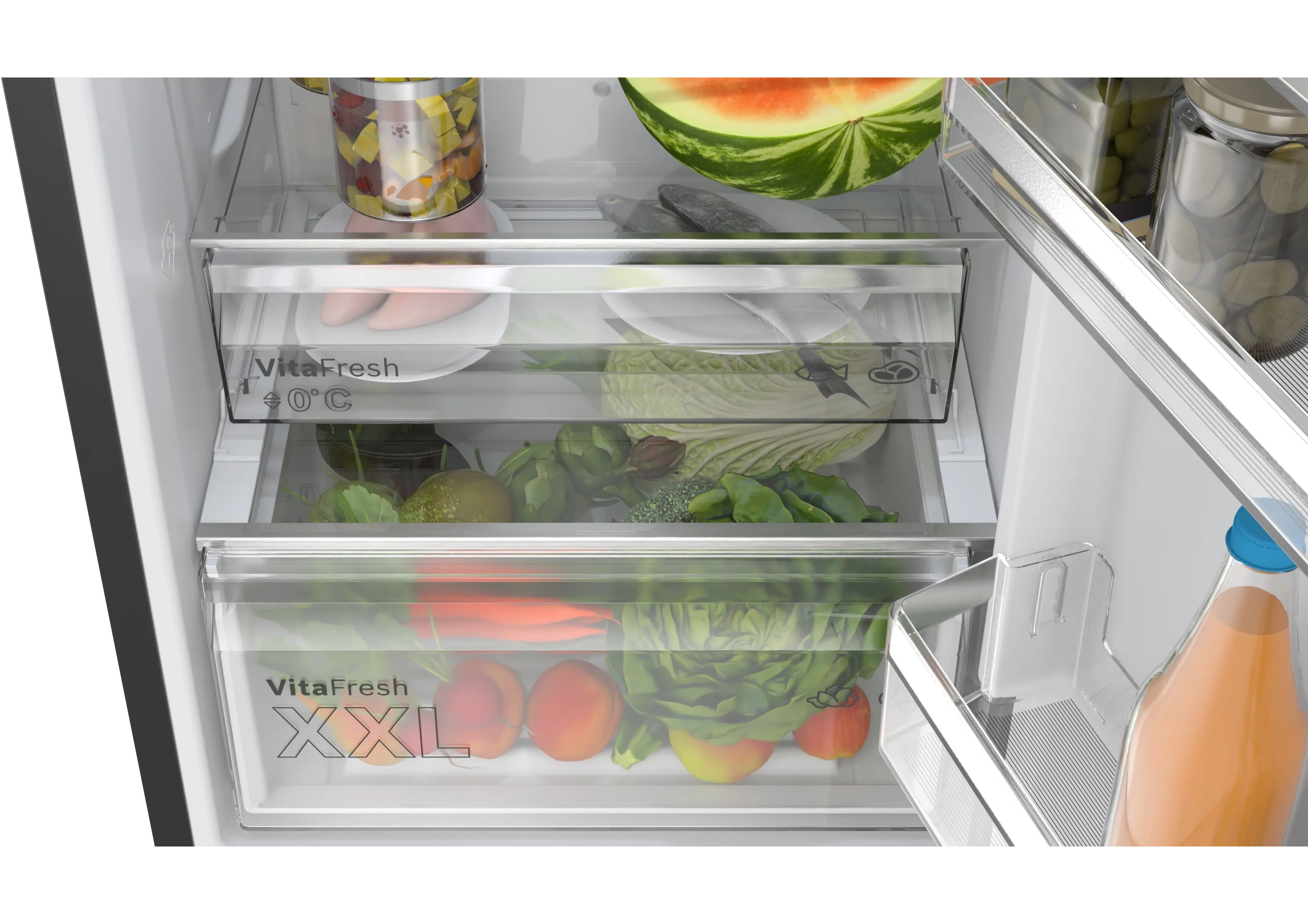 Nahaufnahme der VitaFresh und VitaFresh XXL Schubladen für frisches Obst und Gemüse im Bosch Kühlschrank.