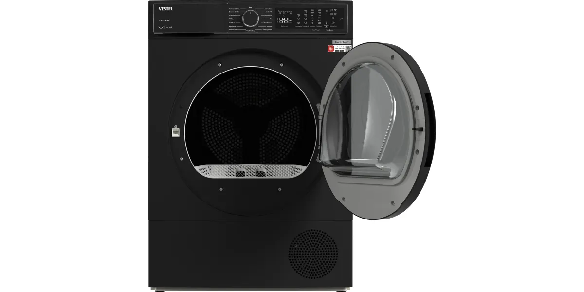 Innenansicht der Edelstahltrommel des Vestel Trockners bei geöffneter Tür.