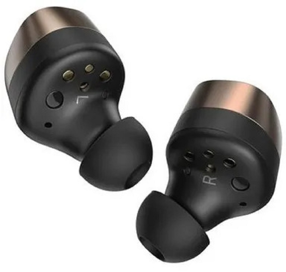 Zwei Sennheiser Momentum True Wireless 4 In-Ear-Kopfhörer in Bronze und Schwarz, Detailansicht von unten.