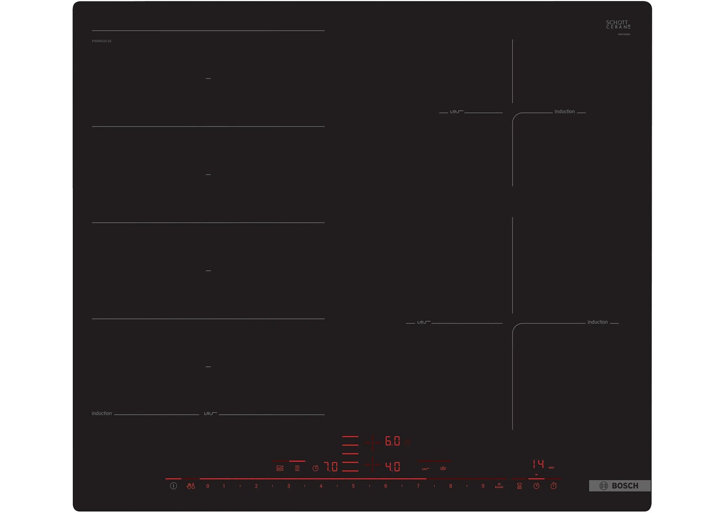 Direkte Draufsicht auf das schwarze Bosch PXE601DC1E Induktionskochfeld aus Schott Ceran-Glas mit aktivierter roter Touch-Bedienleiste, FlexInduction-Zone links und zwei runden Kochzonen rechts.