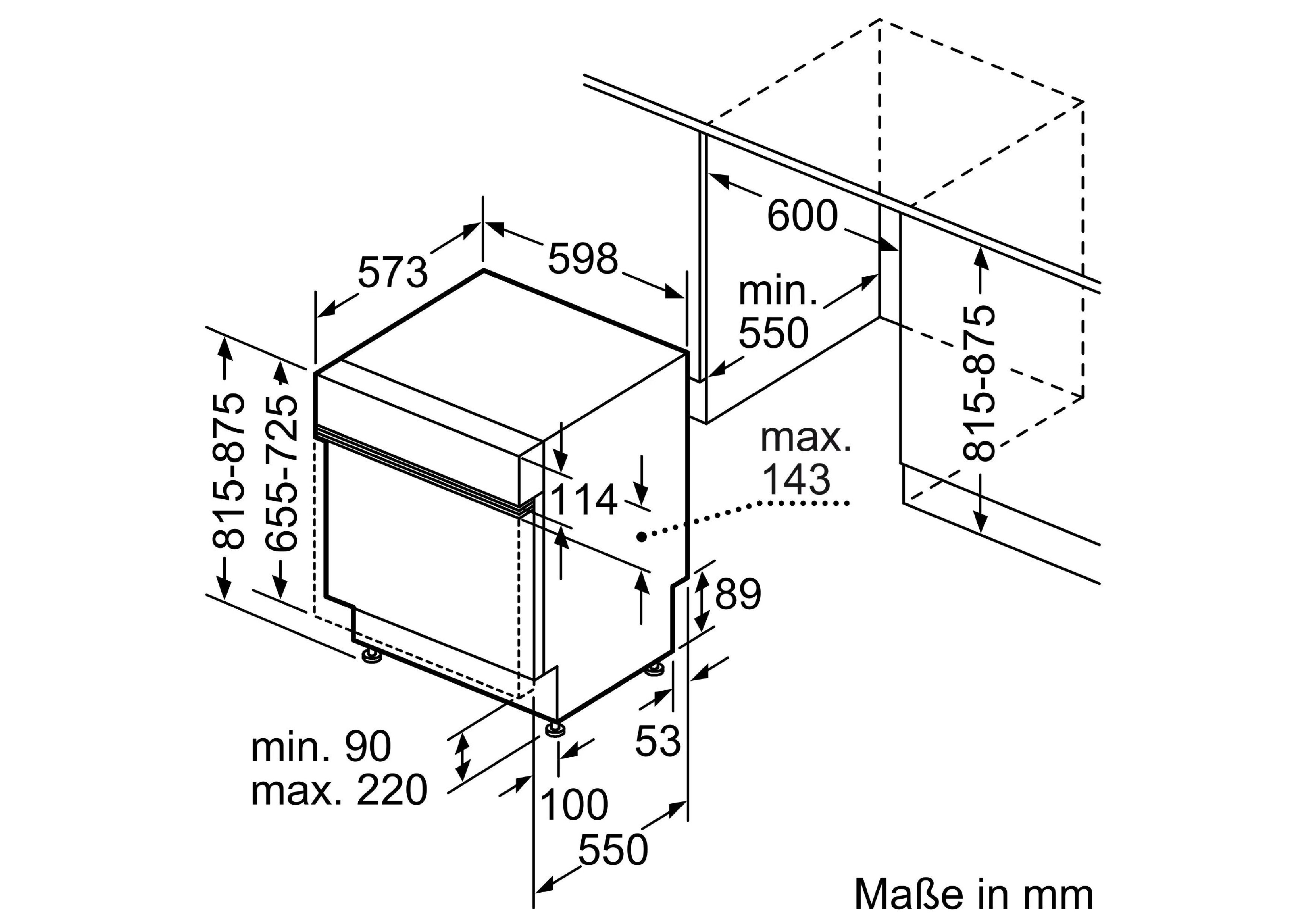 Technische Maßzeichnung für den Einbau des Bosch SMI4EAS28E Geschirrspülers mit allen relevanten Abmessungen in mm
