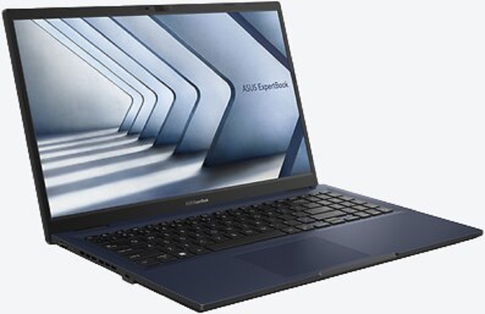 ASUS ExpertBook B1 B1402CBA, seitliche Ansicht im geöffneten Zustand mit sichtbarem Display und Tastatur.
