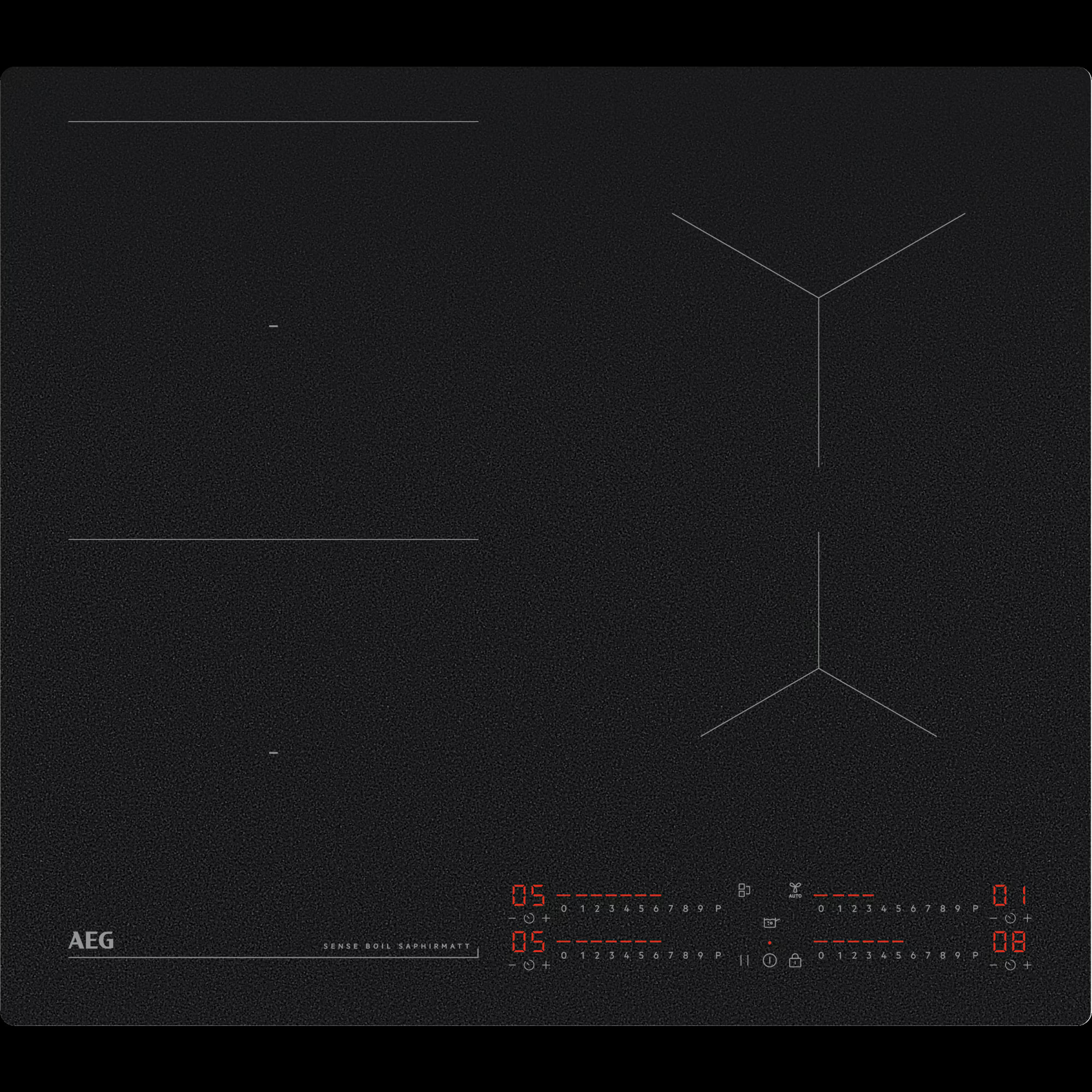 Top view of a black AEG induction hob with SaphirMatt surface and red LED displays