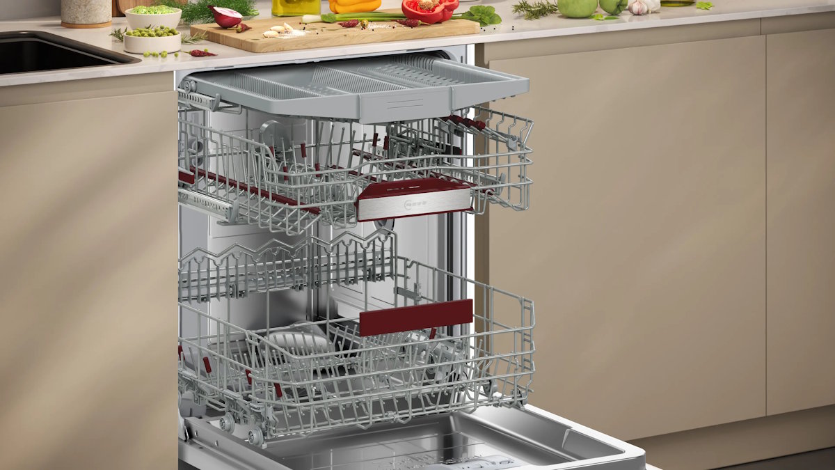 Neff S257ZCX18E Geschirrspüler Flex 2 Korbsystem: flexible Geschirrkörbe mit Klappstacheln, RackMatic Höhenverstellung und Besteckschublade für einfaches Beladen