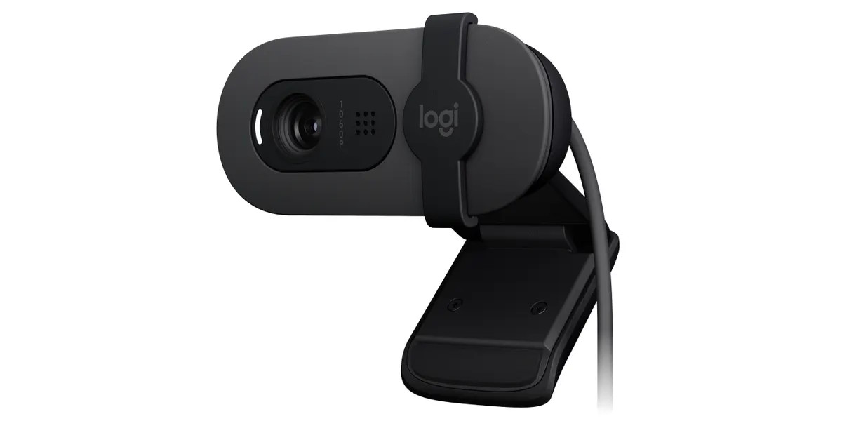 Front view of the Logitech BRIO 100 webcam in graphite.