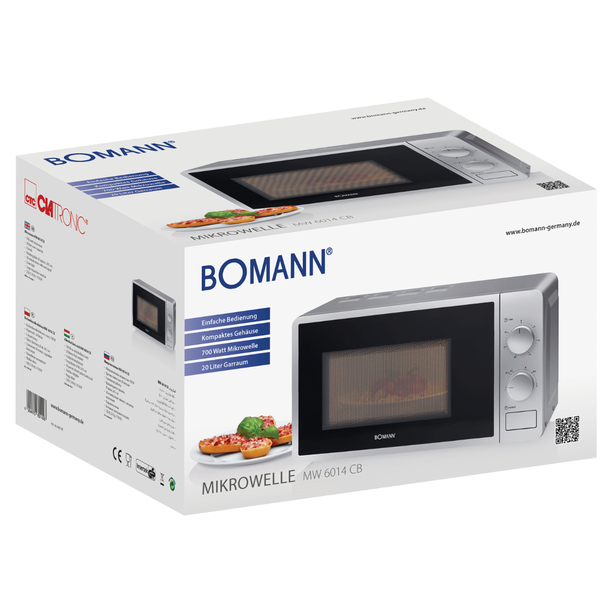 Bomann MW 6014 CB Microwave 20 Liters | 700 Watt Power | With Glass Turntable (Ø 24.5 cm) | 6 Power Levels | White & Silver
