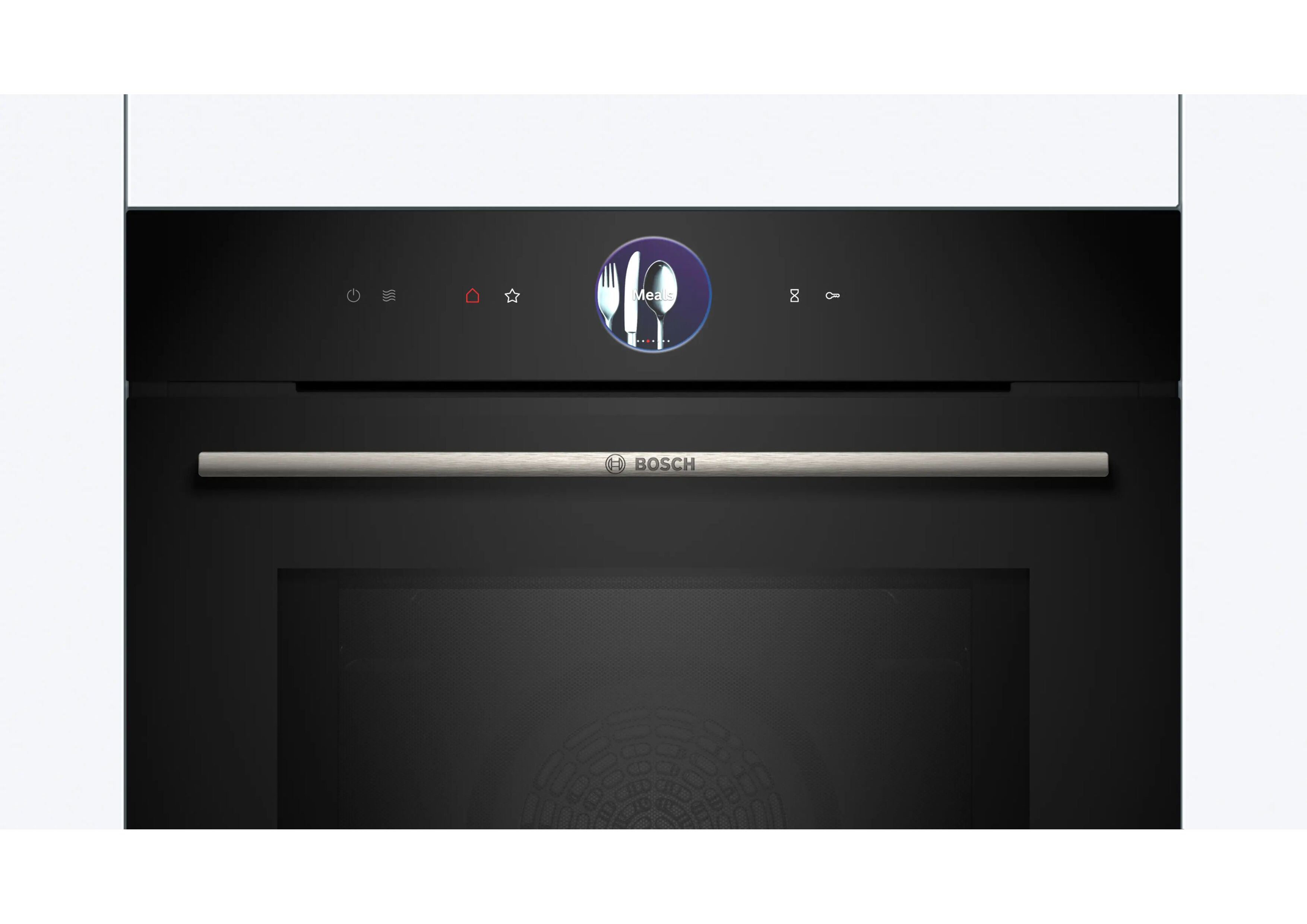 Close-up of the digital TFT touch display and sensor controls of the Bosch oven.