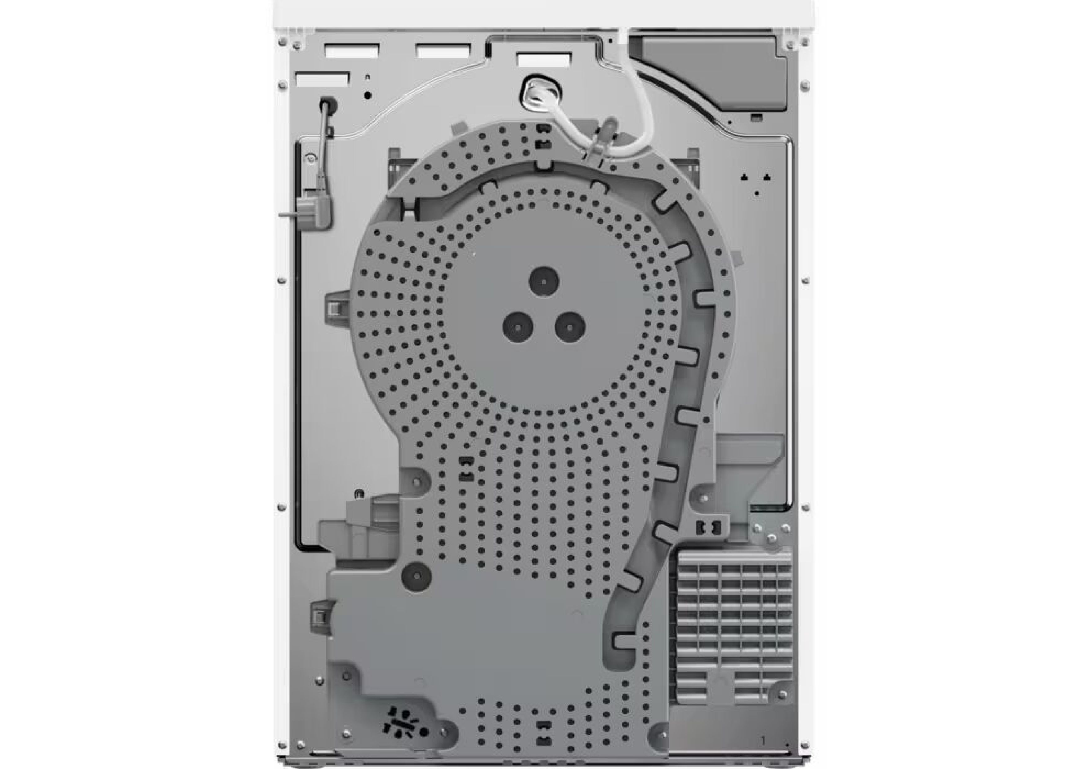 Rear view of an AEG tumble dryer showing the technical cover and power cable.