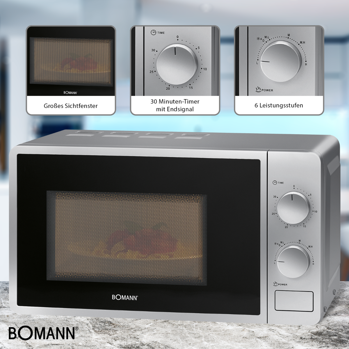 Bomann MW 6014 CB Microwave 20 Liters | 700 Watt Power | With Glass Turntable (Ø 24.5 cm) | 6 Power Levels | White & Silver