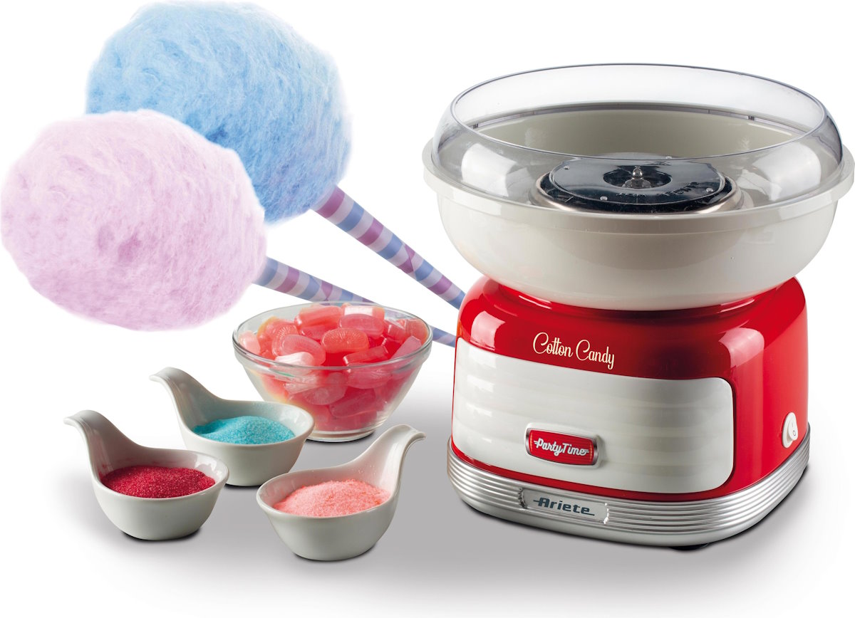 ARIETE Zuckerwattemaschine, fertige Zuckerwatte auf Holzstäbchen, verschiedene Farben. ARIETE Zuckerwattemaschine, fertige Zuckerwatte auf Holzstäbchen, verschiedene Farben.