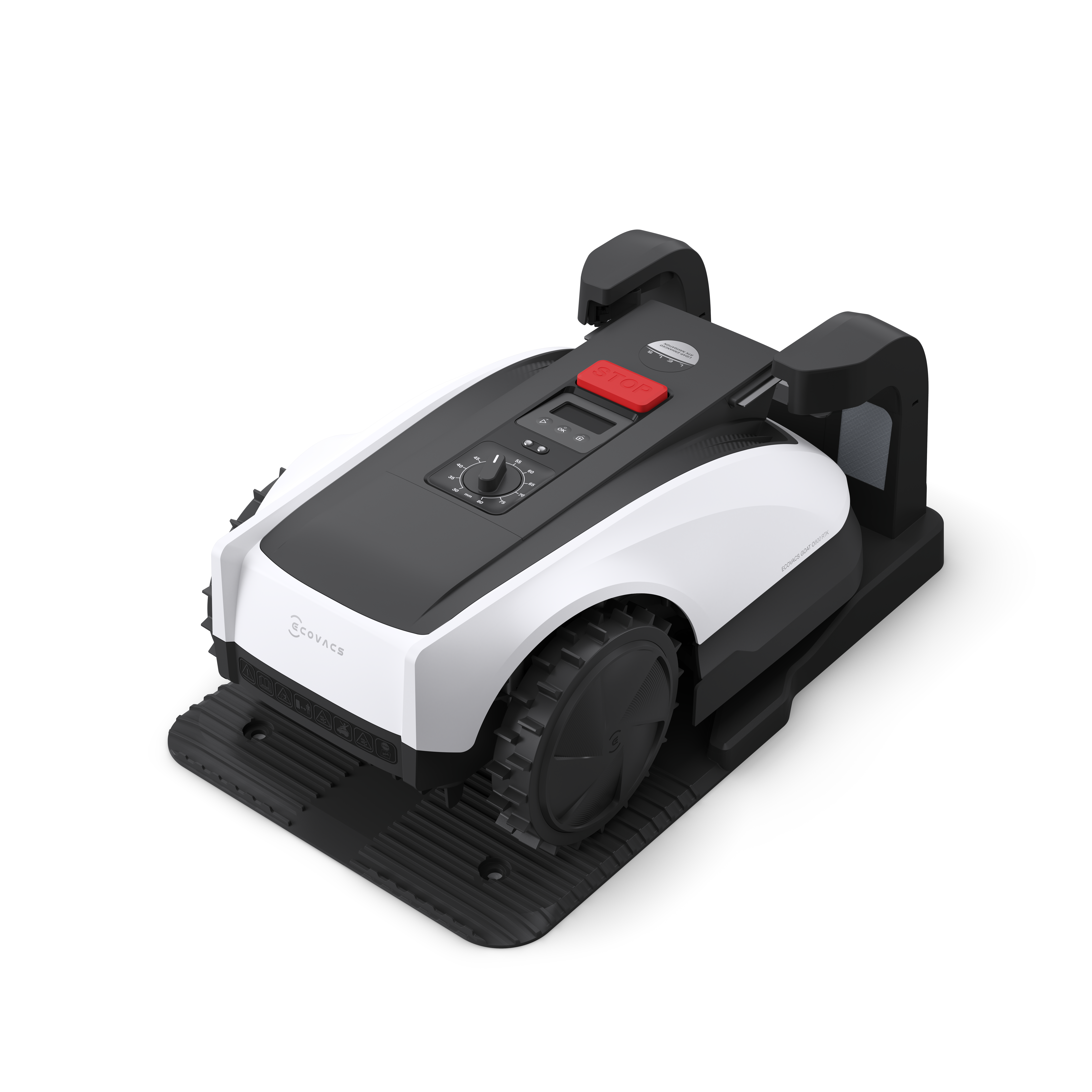 Ladestation des Ecovacs GOAT O800 RTK, Abmessungen 430 × 706 × 285 mm, Gewicht 2,3 kg – automatische Rückkehr und Ladevorgang