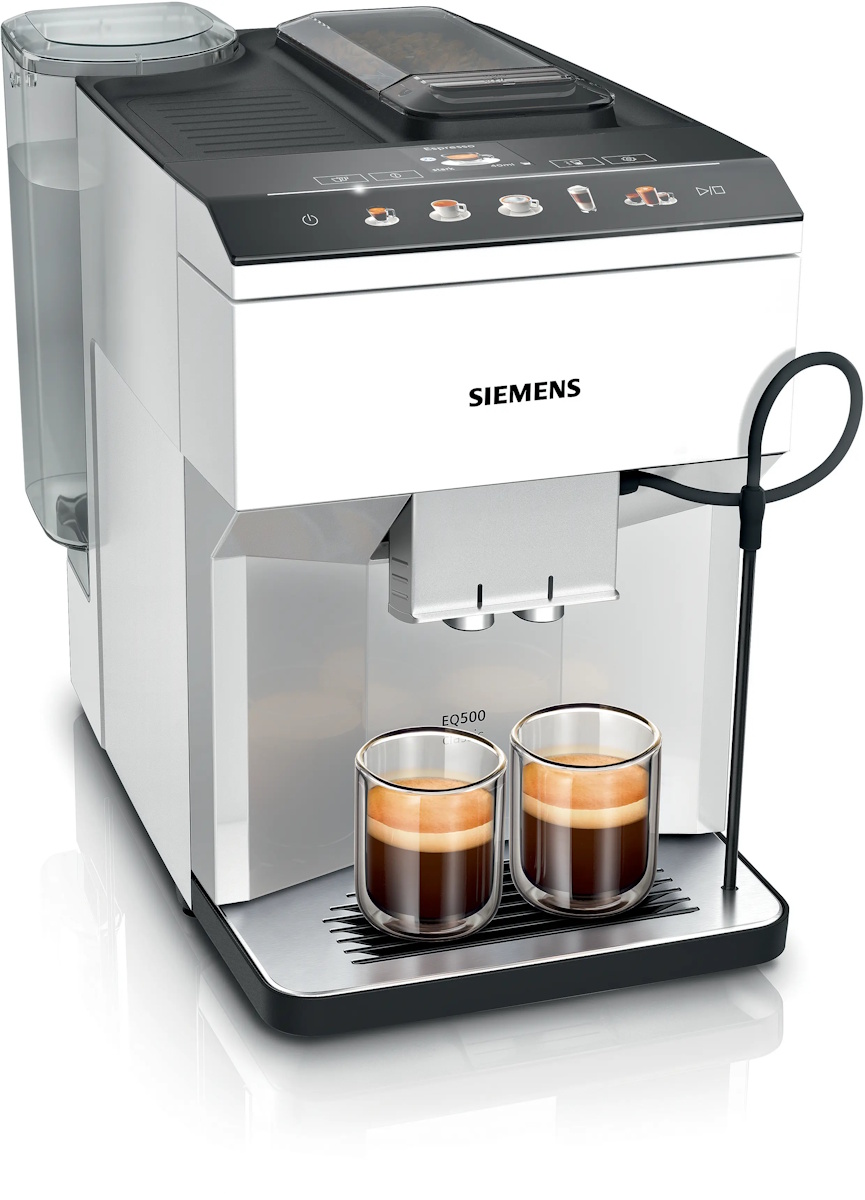 Siemens EQ.500 classic Kaffeevollautomat in Silber-Weiß Frontansicht mit eingeschaltetem Display.