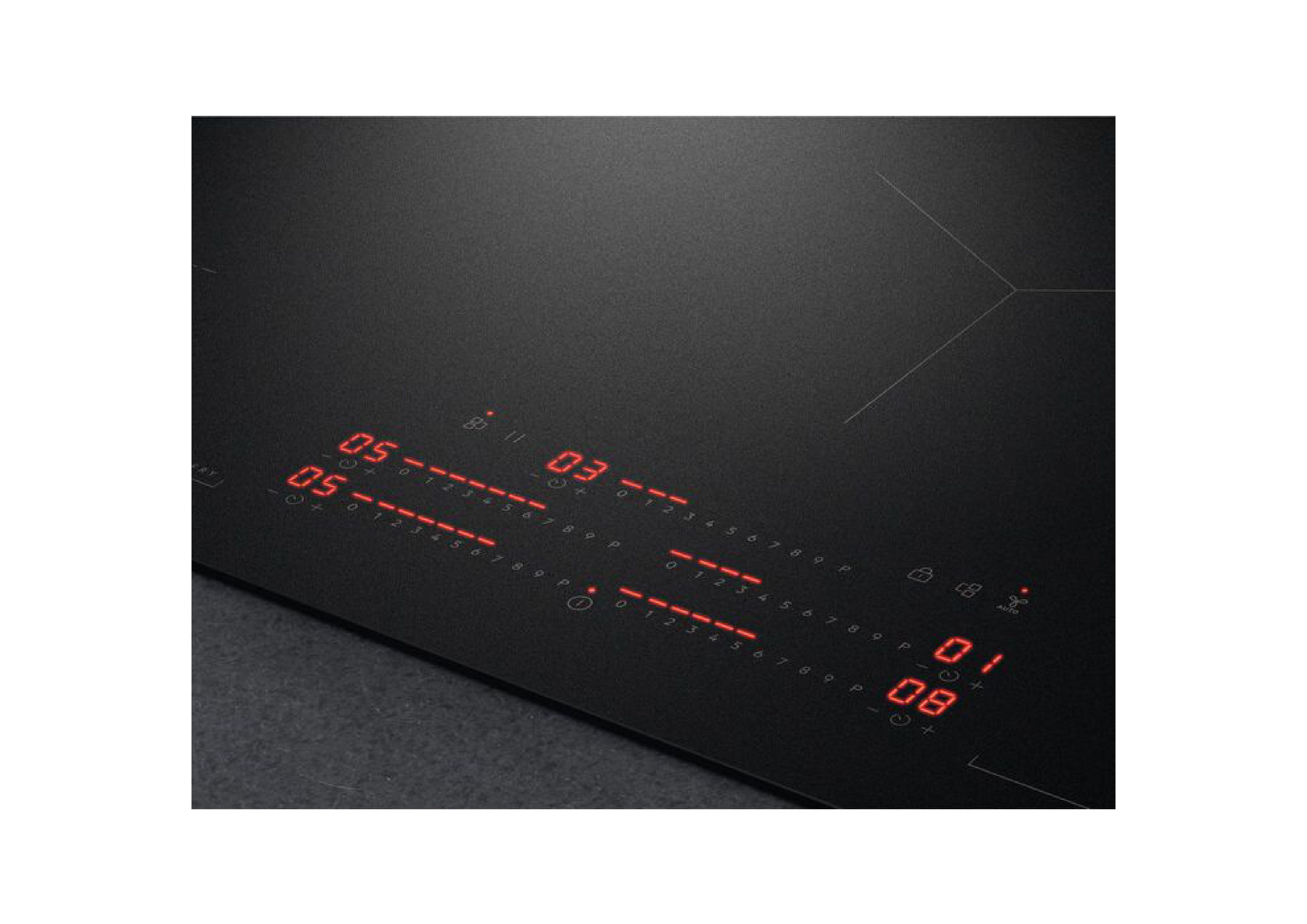 Angled close-up of the red LED displays on the textured SaphirMatt surface of an AEG hob.