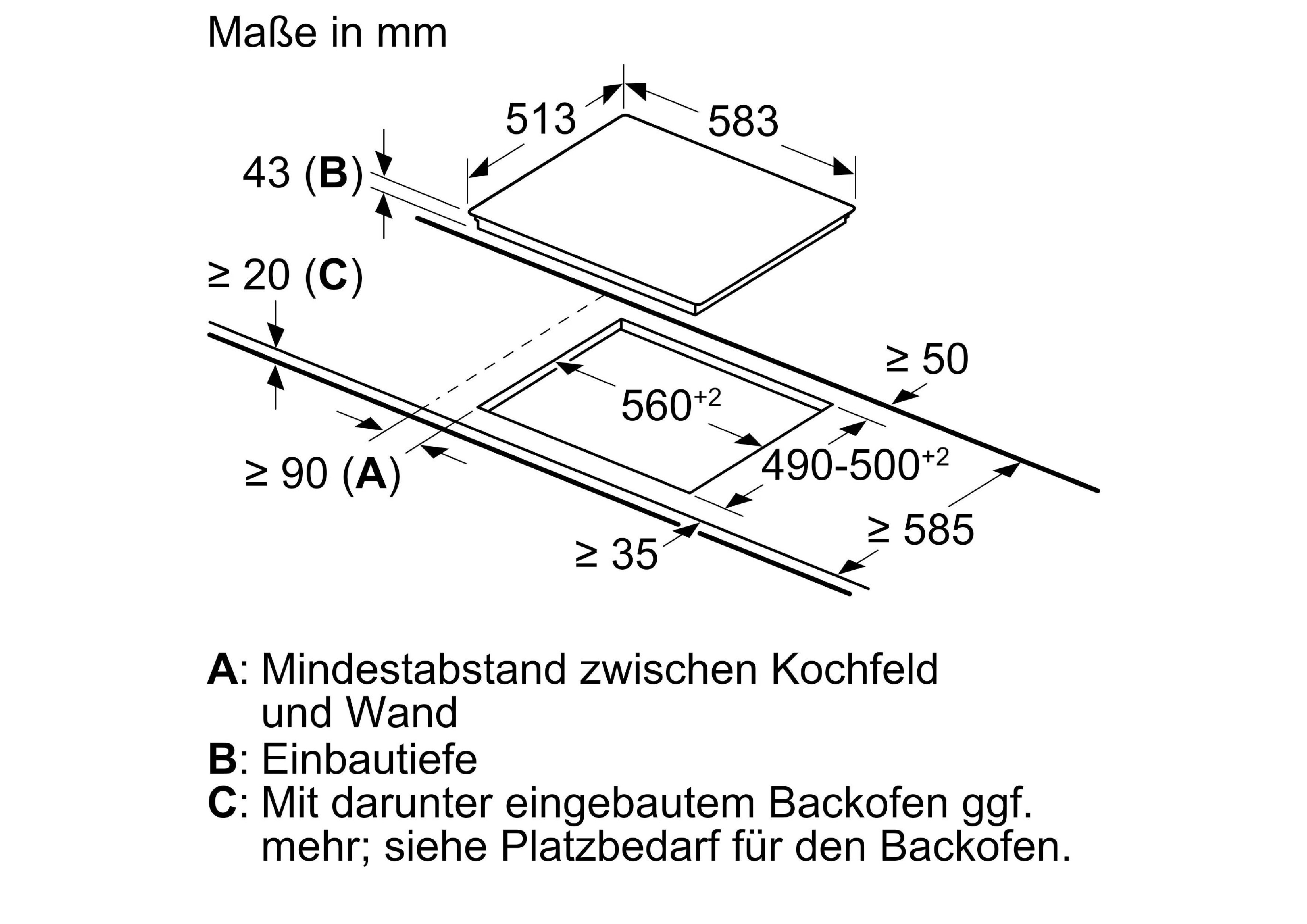 Technische Zeichnung mit Einbaumaßen in mm für das Bosch Elektrokochfeld NKN645GA2E.