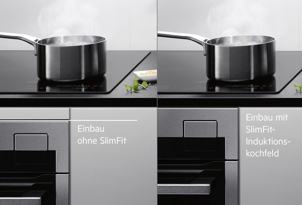 Vergleichsbild des AEG IKE64441XB Induktionskochfelds mit und ohne SlimFit-Einbauoption, zeigt den flächenbündigen Abschluss über einer Schublade oder einem Backofen.