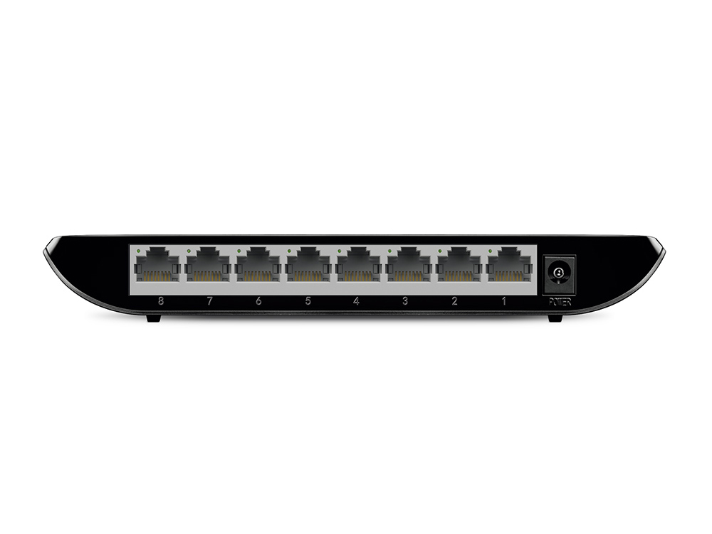 TP-Link TLSG1008D Ethernet Switch Rückseite mit acht Netzwerkanschlüssen und Netzanschluss, matte schwarze Oberfläche