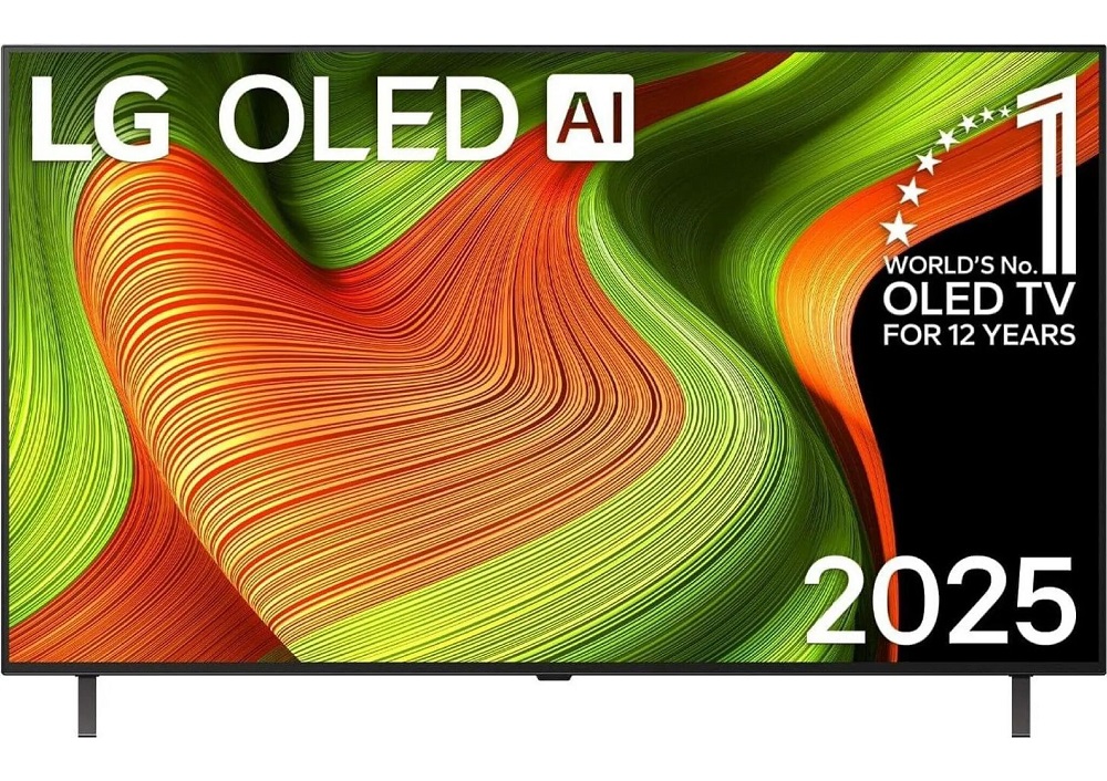 Ein LG OLED TV aus dem Jahr 2025 mit farbenfroher AI-Grafik auf dem Bildschirm und Marketing-Logos.