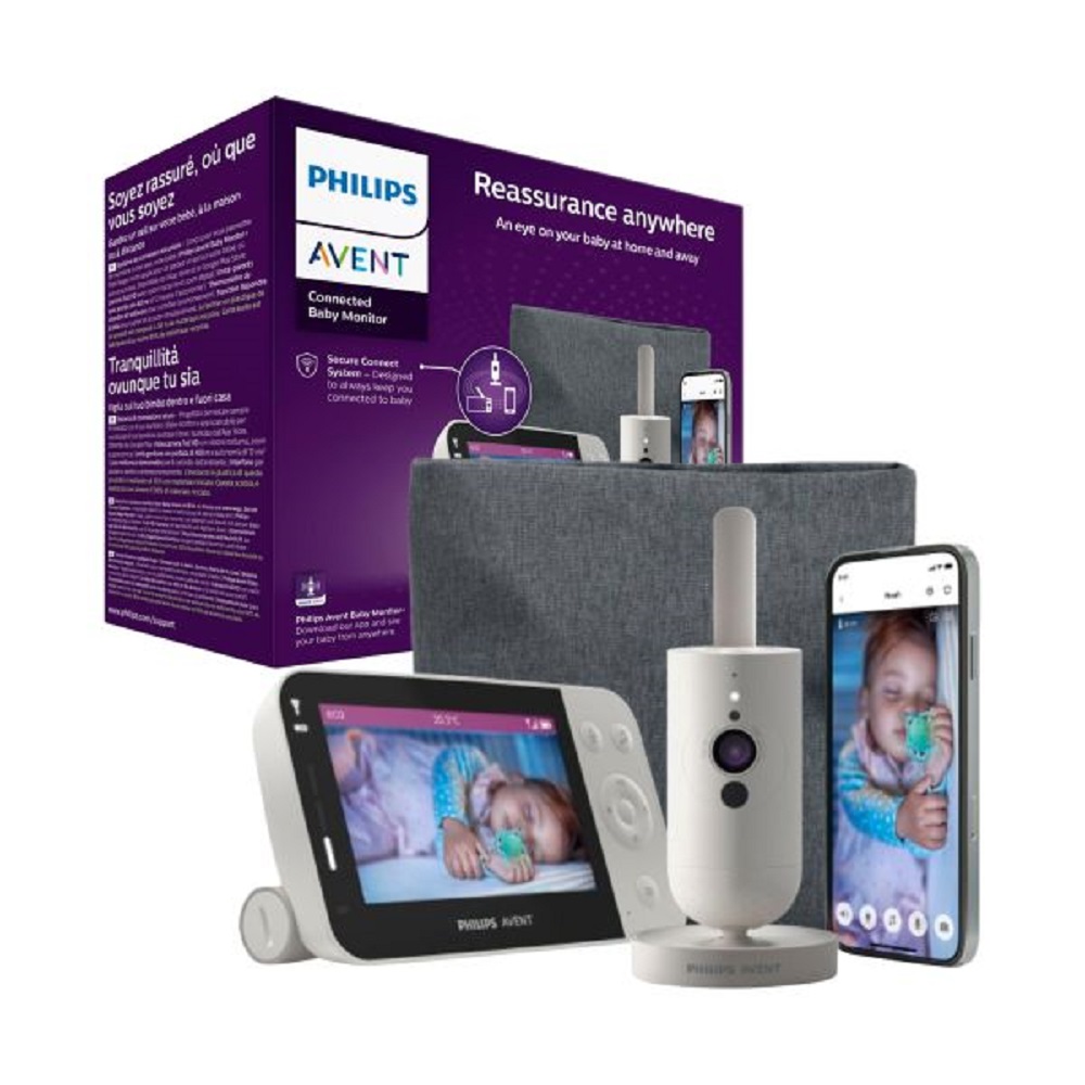 Produktverpackung des Philips Avent SCD953/26 neben dem Monitor, der Kamera und einem Smartphone mit der Baby-App.
