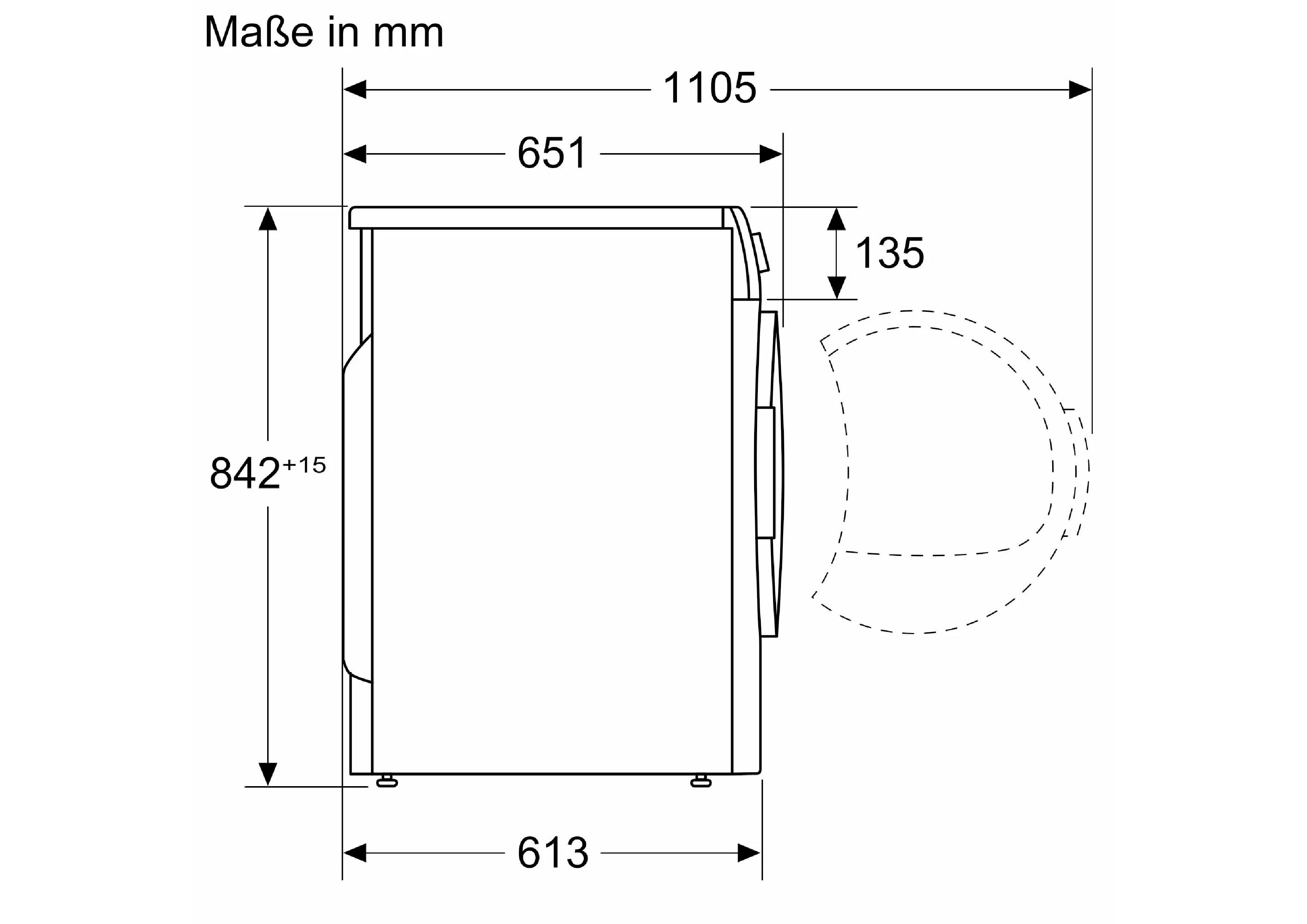 Technische Maßzeichnung des Bosch Trockners in der Seitenansicht mit Angaben in Millimetern.