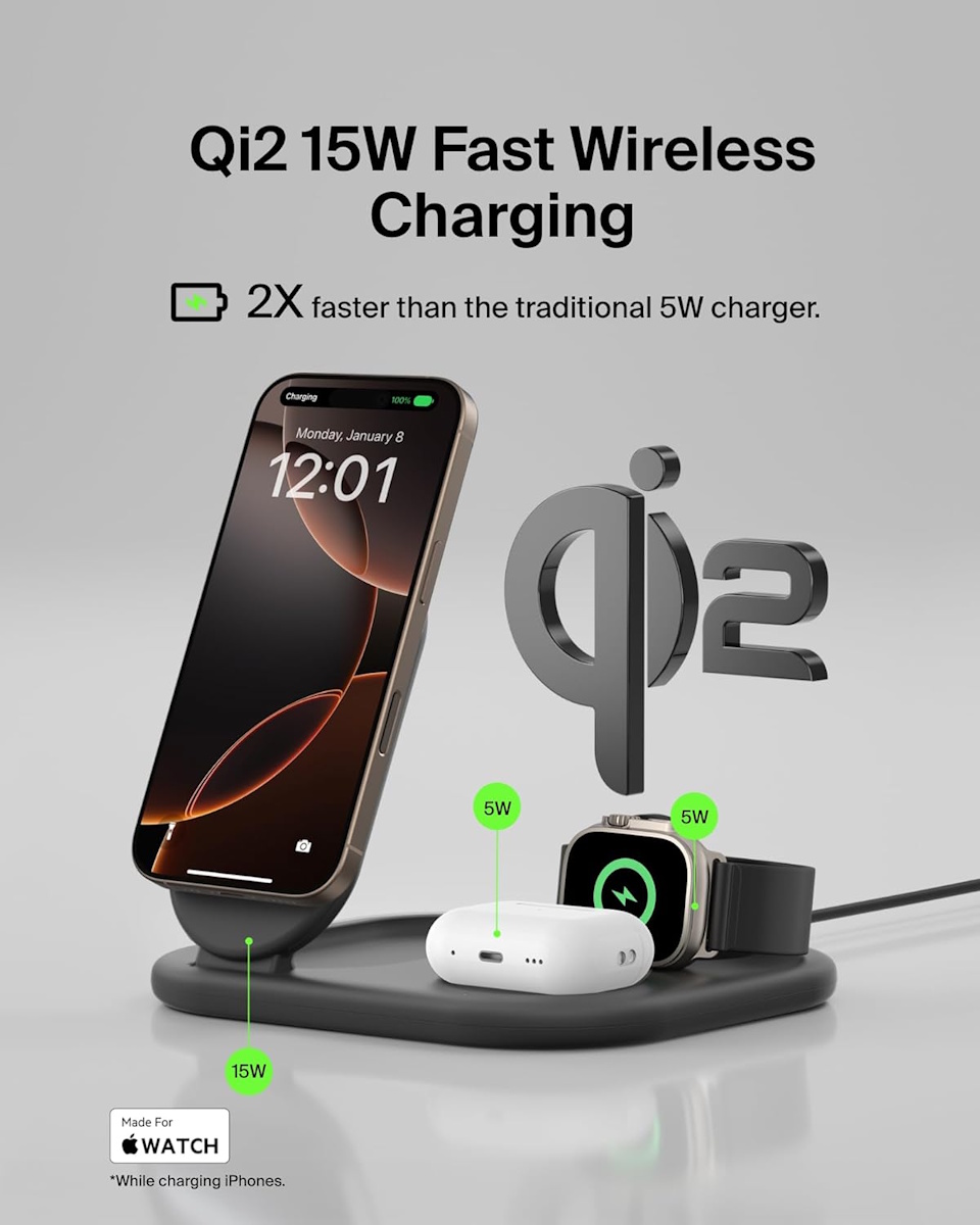 Qi2 15W fast wireless charging with Belkin BoostCharge Pro magnetic charging stand