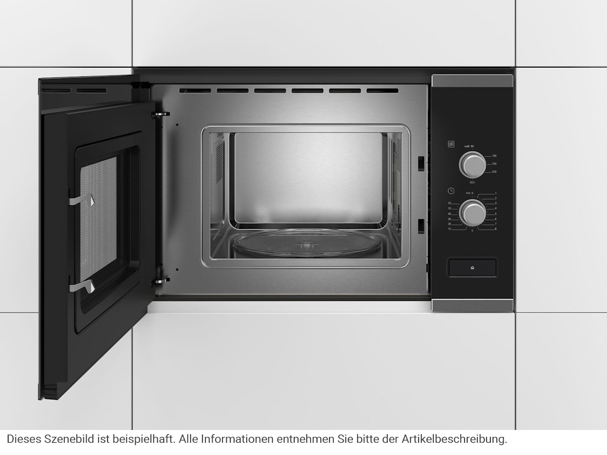 Geöffnete Einbau-Mikrowelle mit 20 Liter Edelstahl-Garraum und Glas-Drehteller.