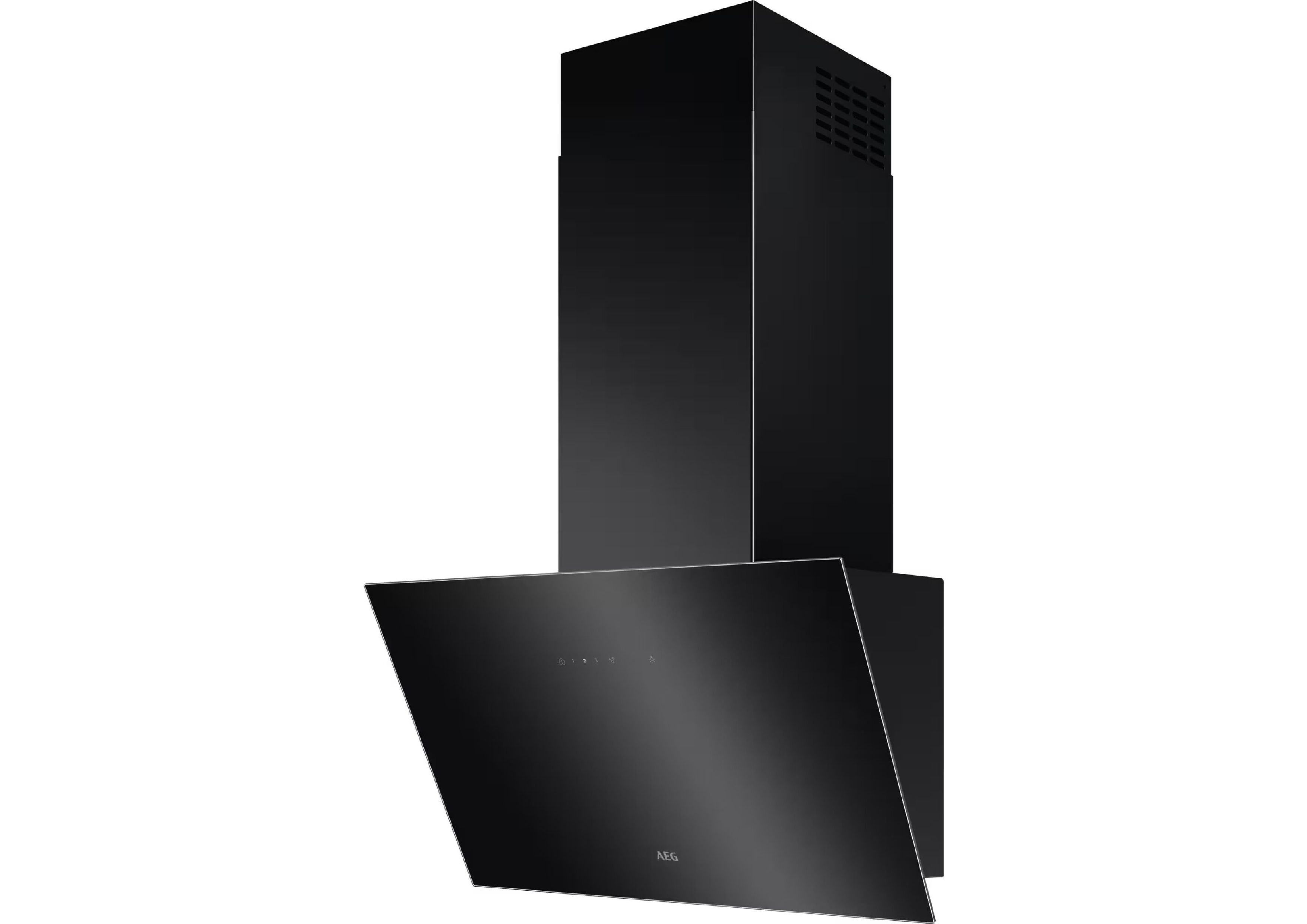 Elegante schwarze AEG Kopffreihaube aus Glas mit vertikalem Kaminschacht, fotografiert in der Schrägansicht vor weißem Hintergrund.