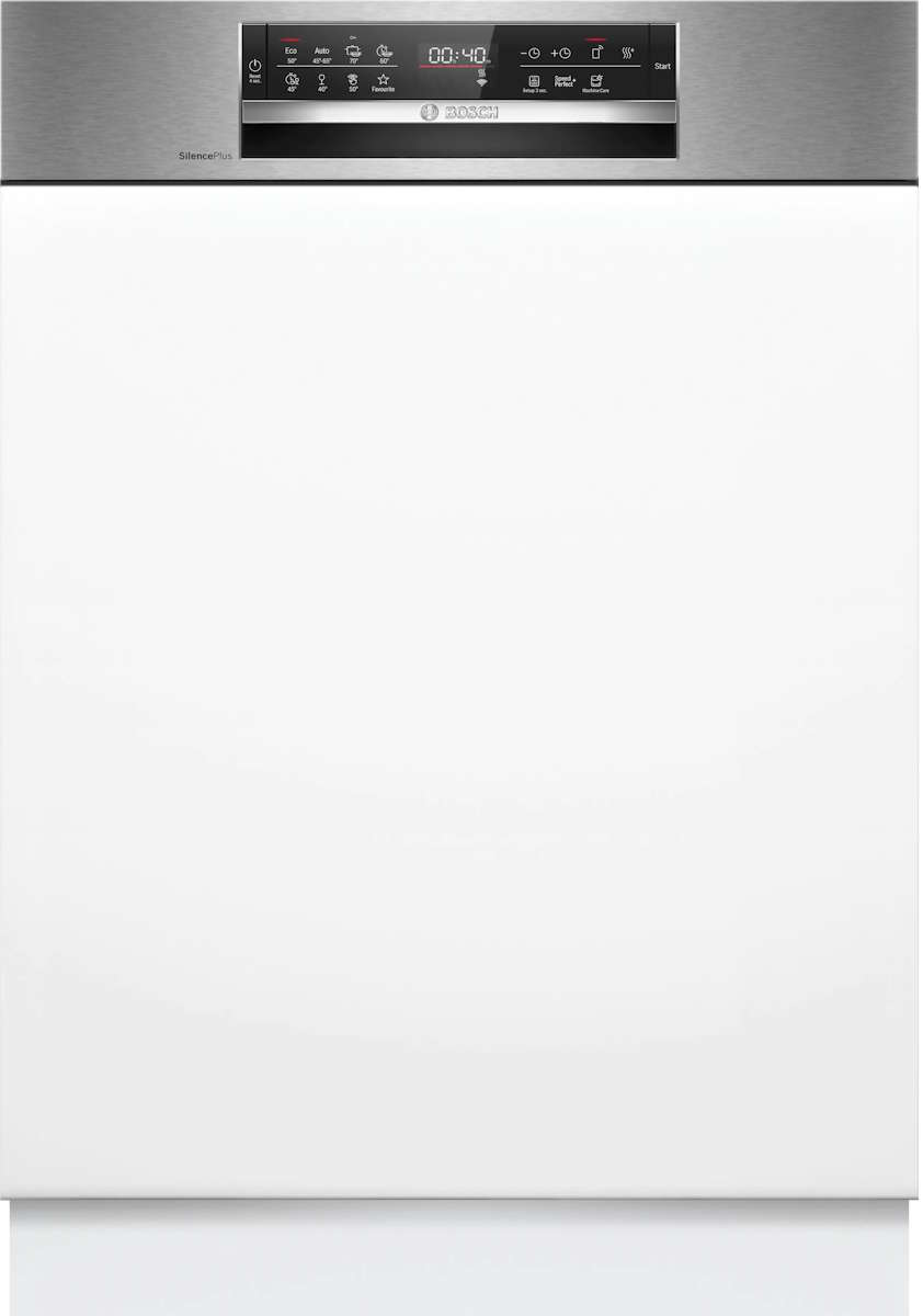 Teilintegrierter Bosch Serie 6 Geschirrspüler mit Edelstahl-Front und schwarzer Bedienblende.