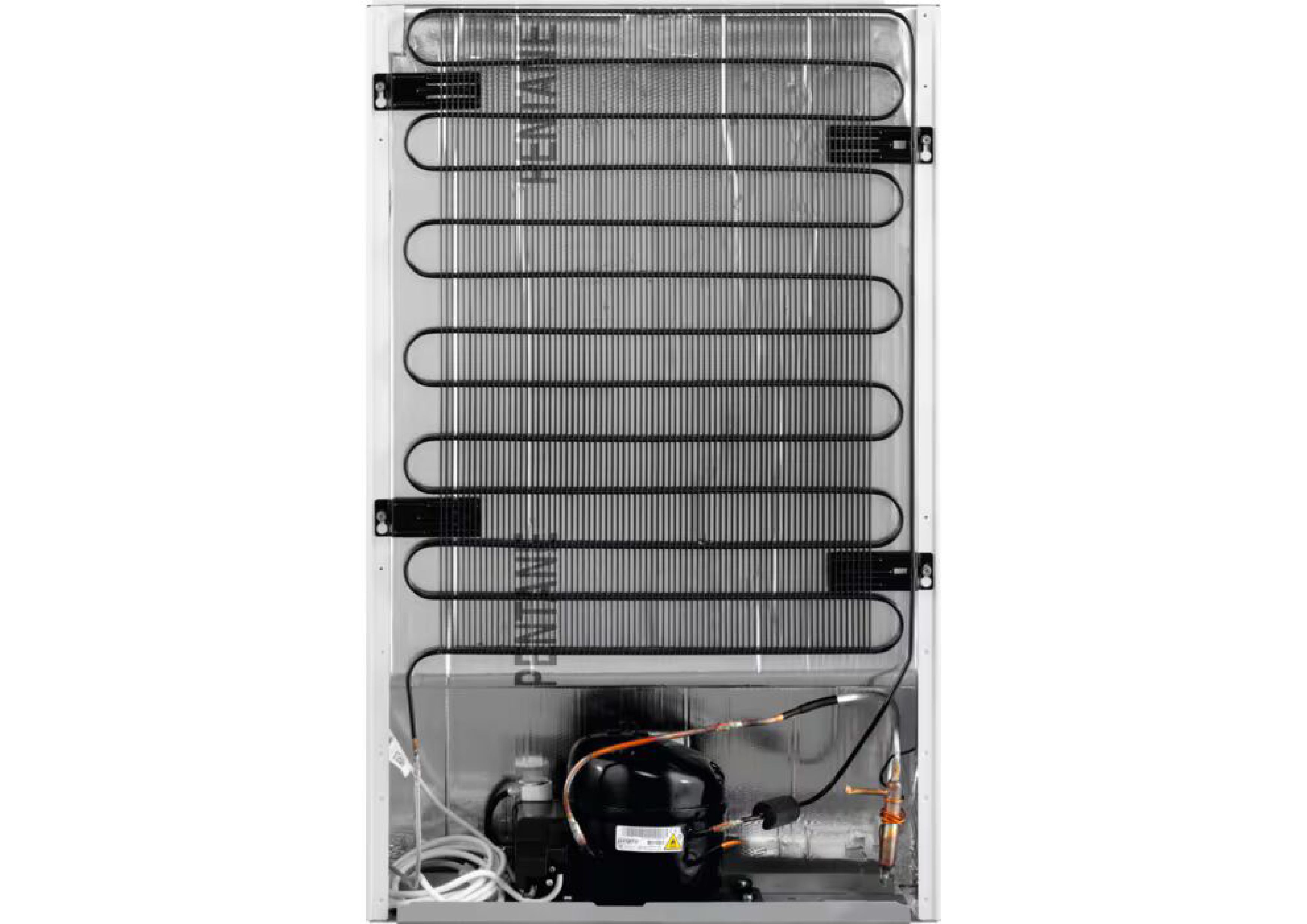 Komplette Rückansicht eines Gefrierschranks, die die Kondensatorschlangen und den Kompressor zeigt