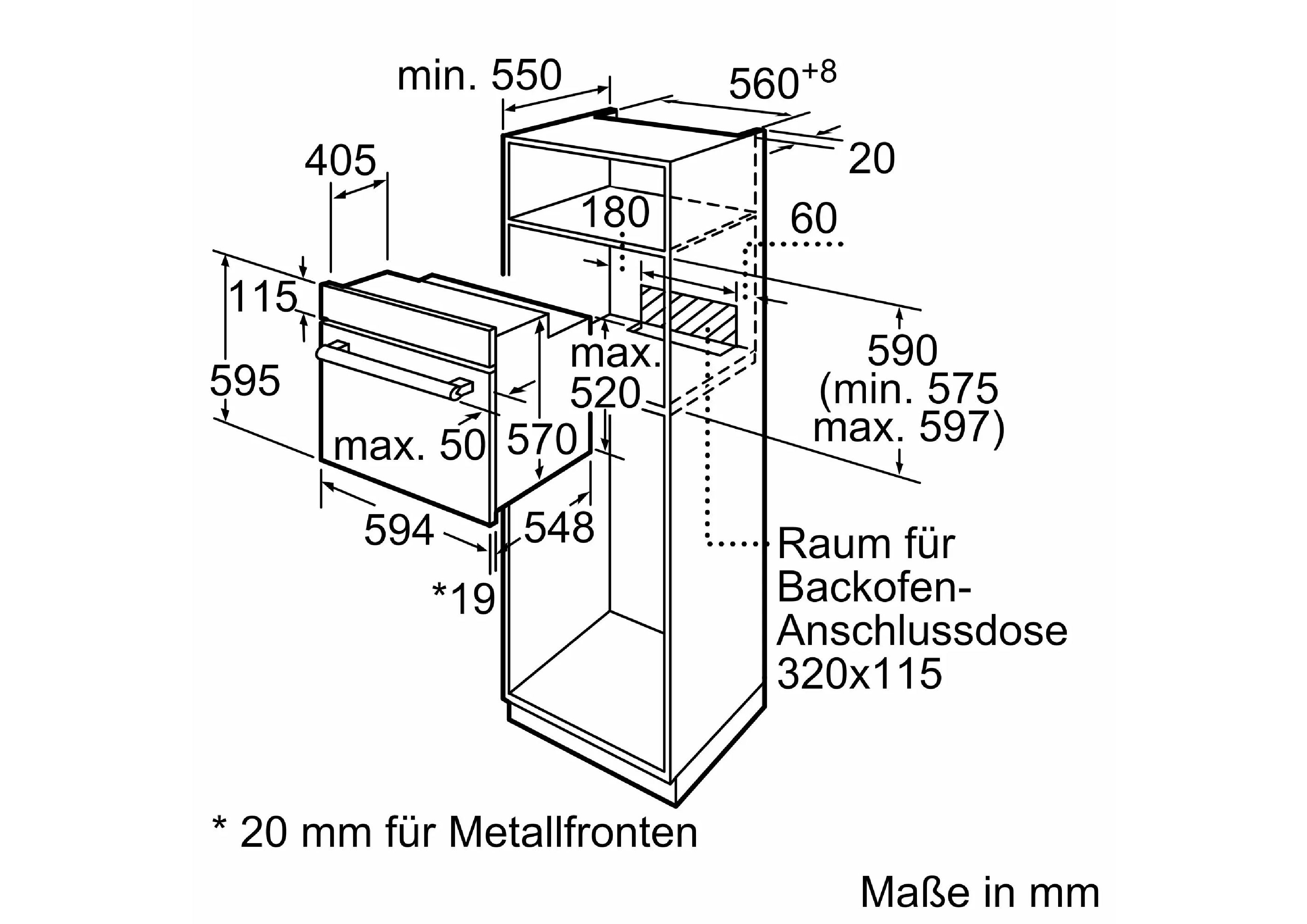 Technische 3D-Maßskizze für den Einbau des Bosch HEF010BA1 Backofens in einen hohen Küchenschrank (Hochschrank-Integration) mit allen relevanten Nischen- und Belüftungsmaßen in Millimetern.