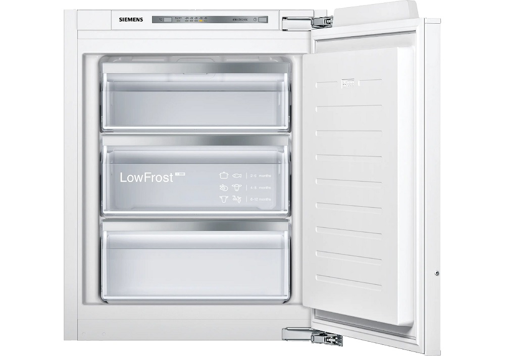 Geöffneter Siemens GI11VAFE0 Einbau-Gefrierschrank mit drei transparenten LowFrost-Schubladen.