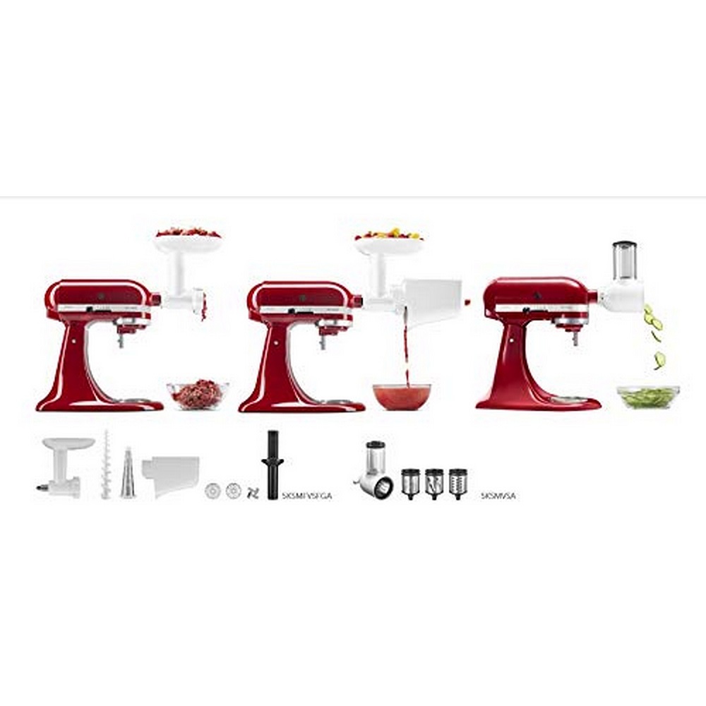 Komplettes KitchenAid 5KSMFPPC Zubehör-Set, an Küchenmaschinen angebracht.
