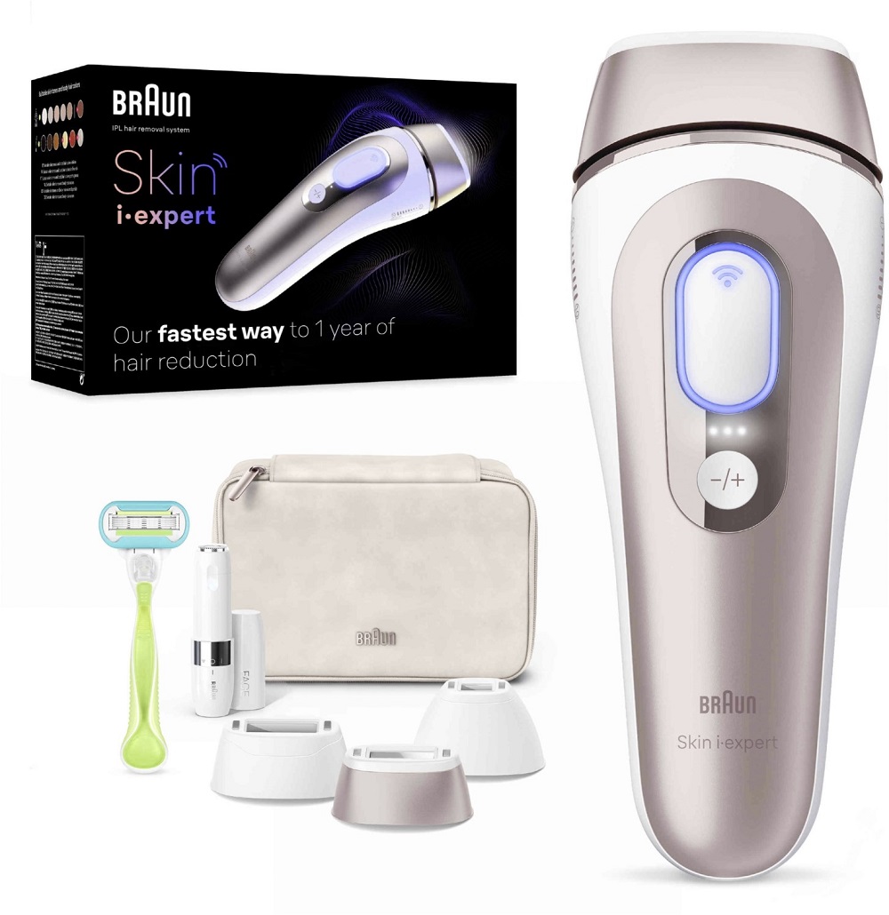 Vertikale Produktpräsentation des Braun Skin i-expert mit verschiedenen Präzisionsaufsätzen, Tasche und Zubehör.