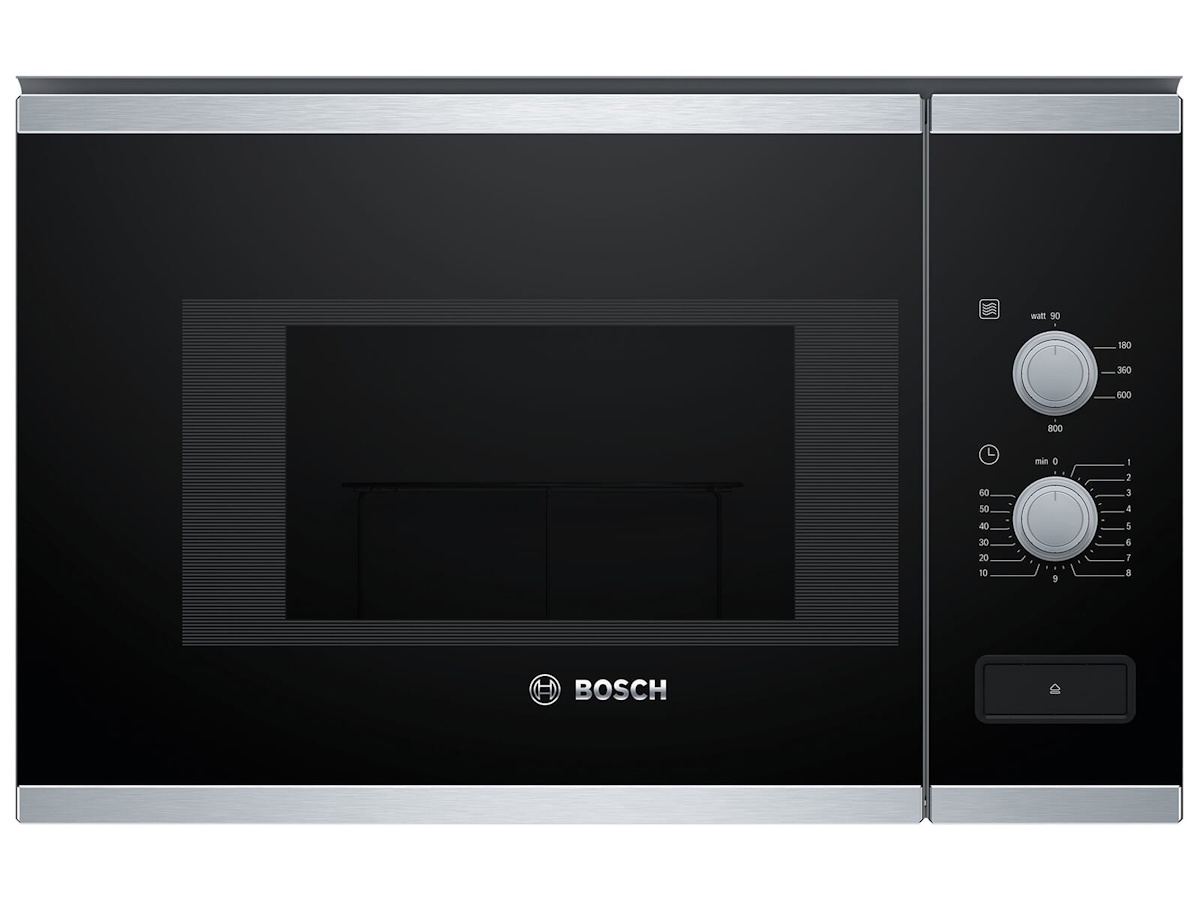 Bosch BFL520MS0 Einbau-Mikrowelle Frontansicht in Schwarz und Edelstahl.