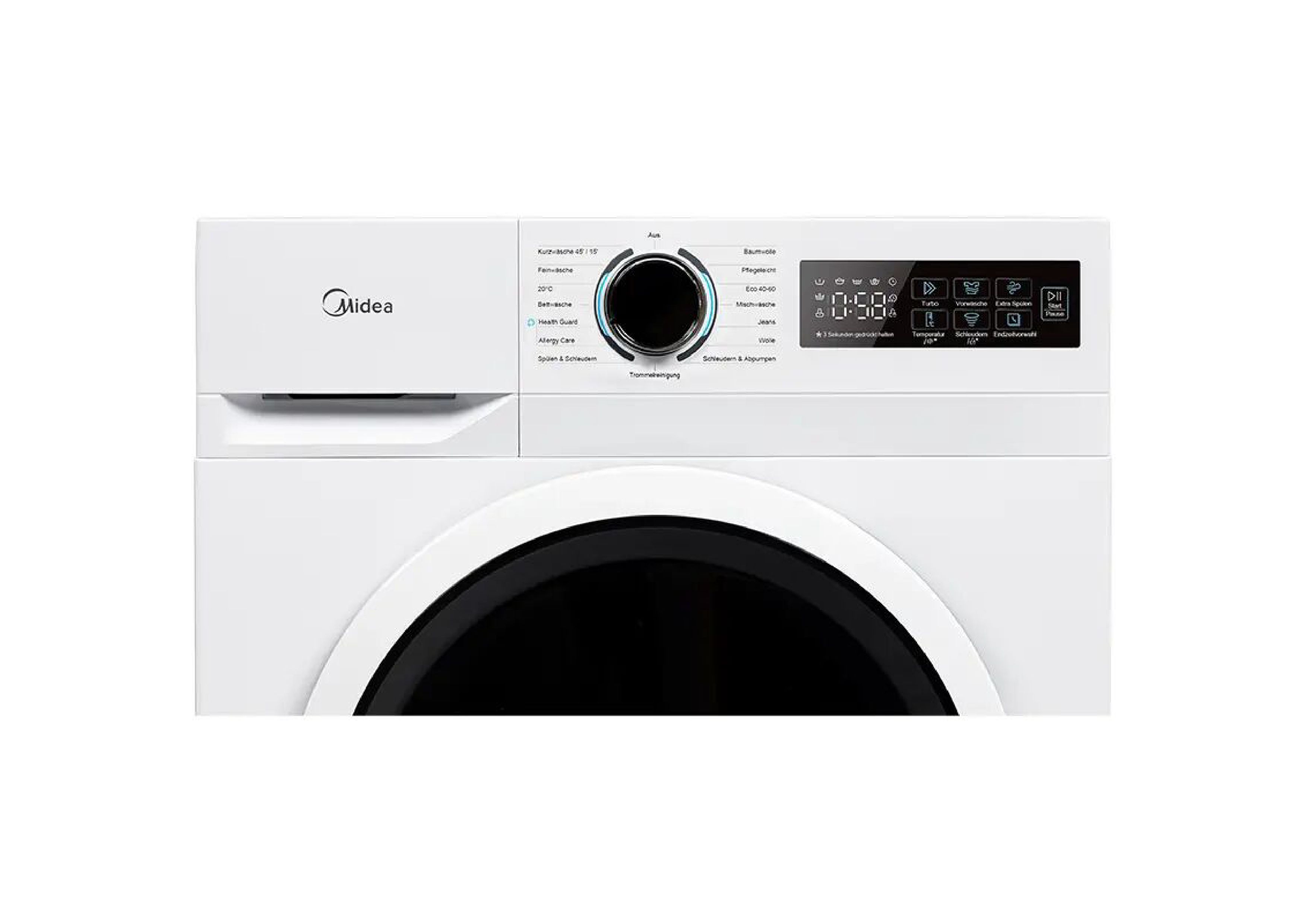 Nahaufnahme des digitalen Displays und der Bedienelemente der Midea MF110W70B-14A10