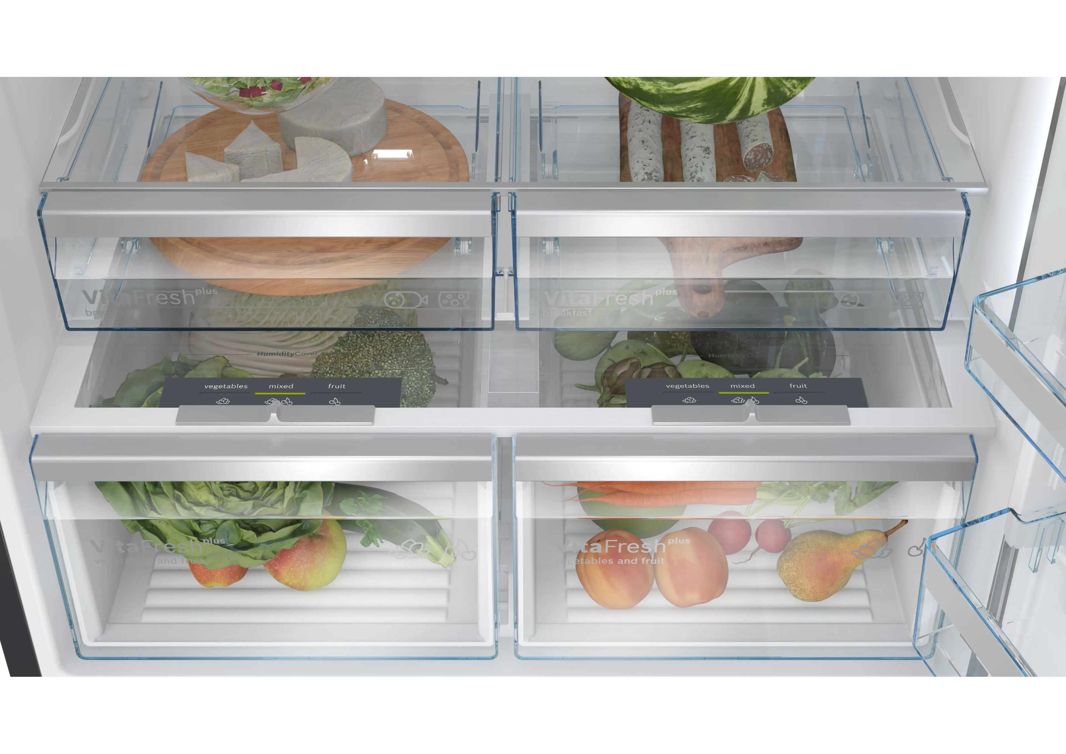 Fokus auf die VitaFresh Plus Frischesystem-Schubladen für Obst und Gemüse im Kühlteil.