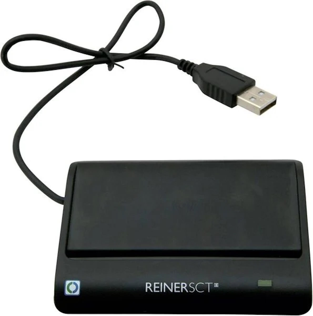 Front view of the Reiner SCT cyberJack® basis card reader with connected cable.