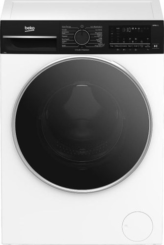 Front view of the Beko B5WFT610410S washing machine in white with a black door.