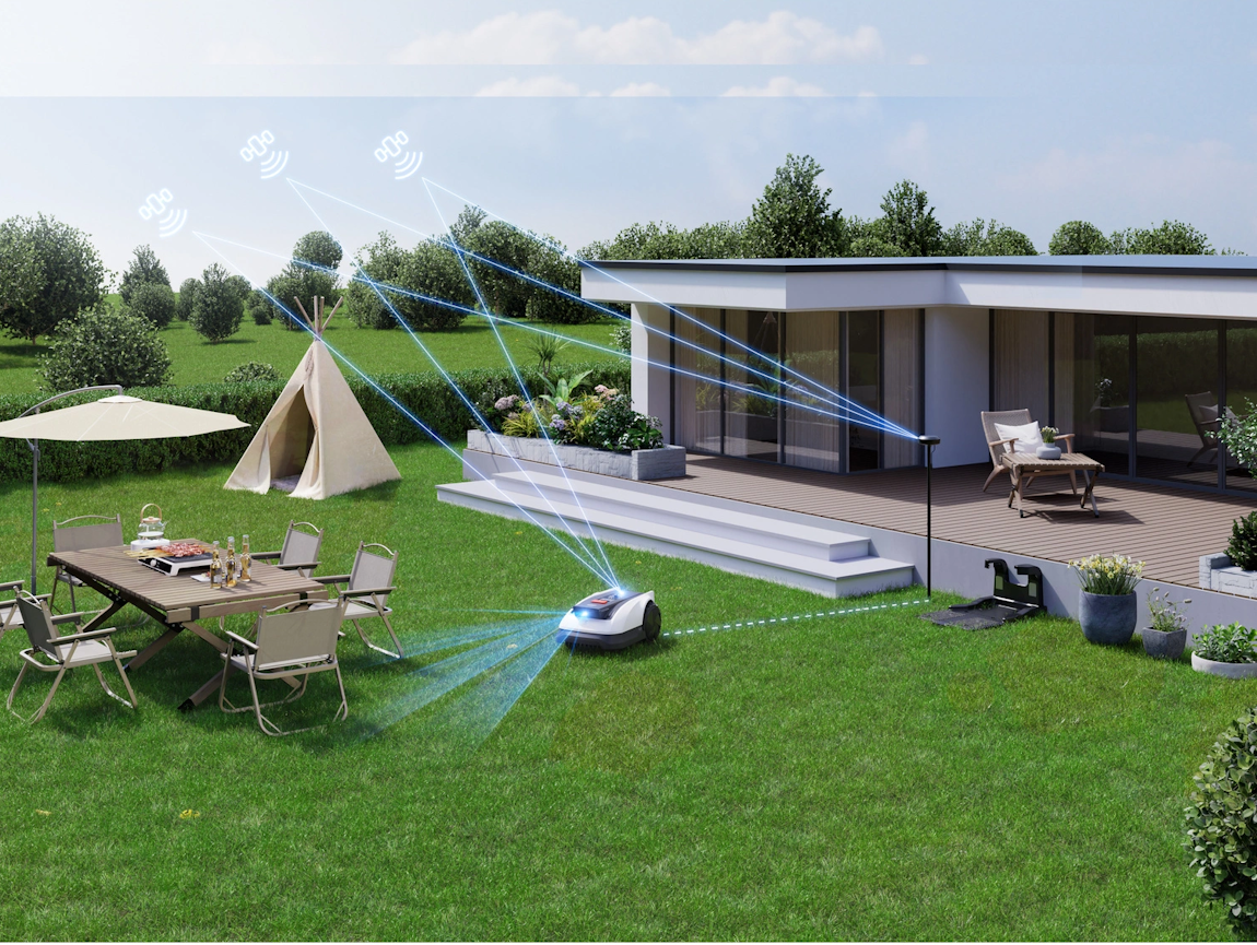 LELS™ RTK-Navigationssystem des Ecovacs GOAT O800 RTK mit automatischer Gartenkartierung, Verbindung zu bis zu 40 Satelliten, Positionsgenauigkeit 2–3 cm